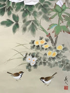 Japanese Hanging Scroll Kakejiku Vtg Sparrows Peony Chrysanthemum Flowers KJ219-AD - Scroll-chidorivintage.com