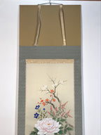 Japanese Hanging Scroll Kakejiku Vtg Sparrows Peony Chrysanthemum Flowers KJ219-AD - Scroll-chidorivintage.com