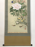 Japanese Hanging Scroll Kakejiku Vtg Sparrows Peony Chrysanthemum Flowers KJ219-AD - Scroll-chidorivintage.com