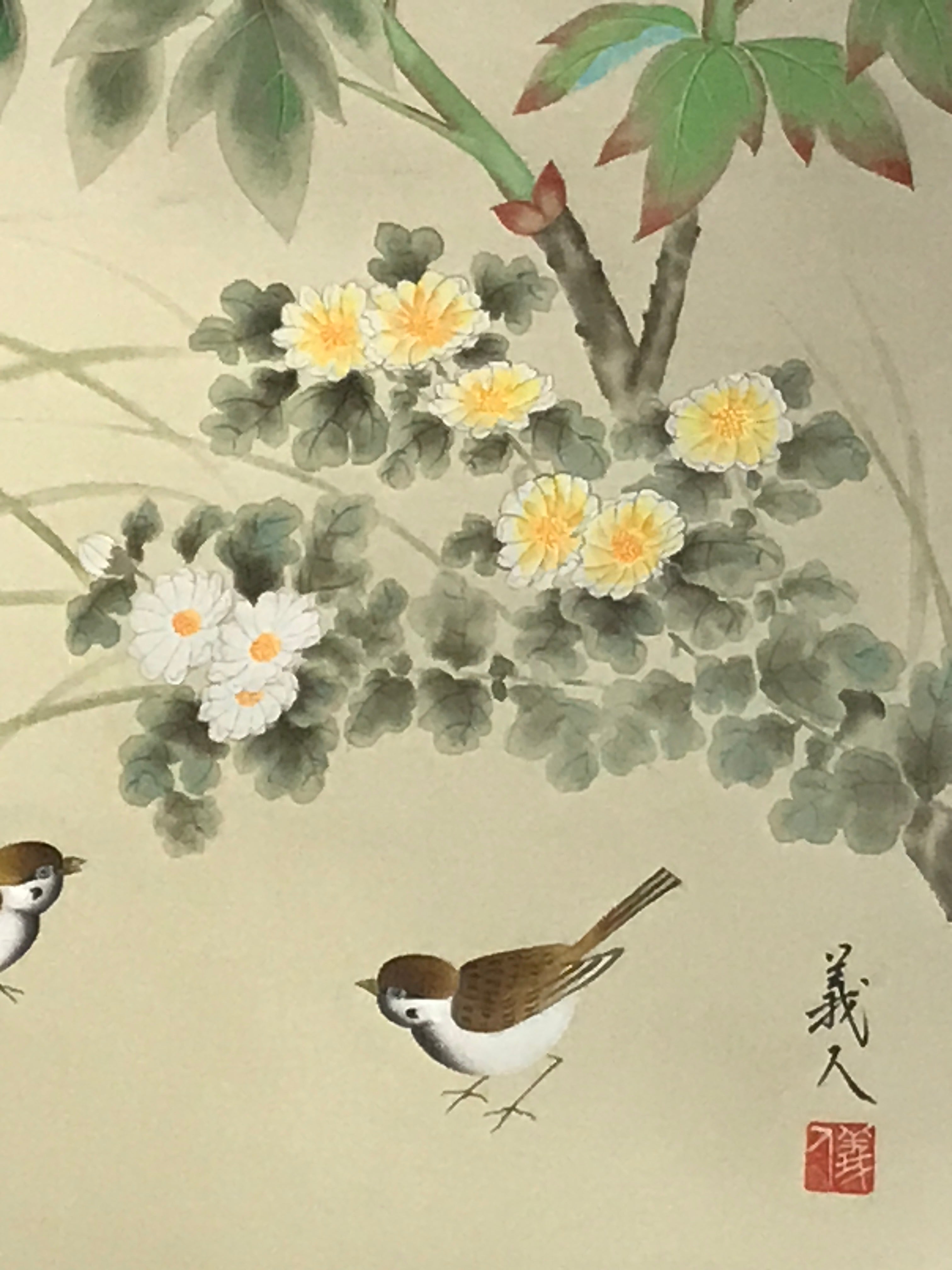 Japanese Hanging Scroll Kakejiku Vtg Sparrows Peony Chrysanthemum Flowers KJ219-AD - Scroll-chidorivintage.com