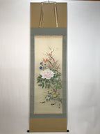 Japanese Hanging Scroll Kakejiku Vtg Sparrows Peony Chrysanthemum Flowers KJ219-AD - Scroll-chidorivintage.com