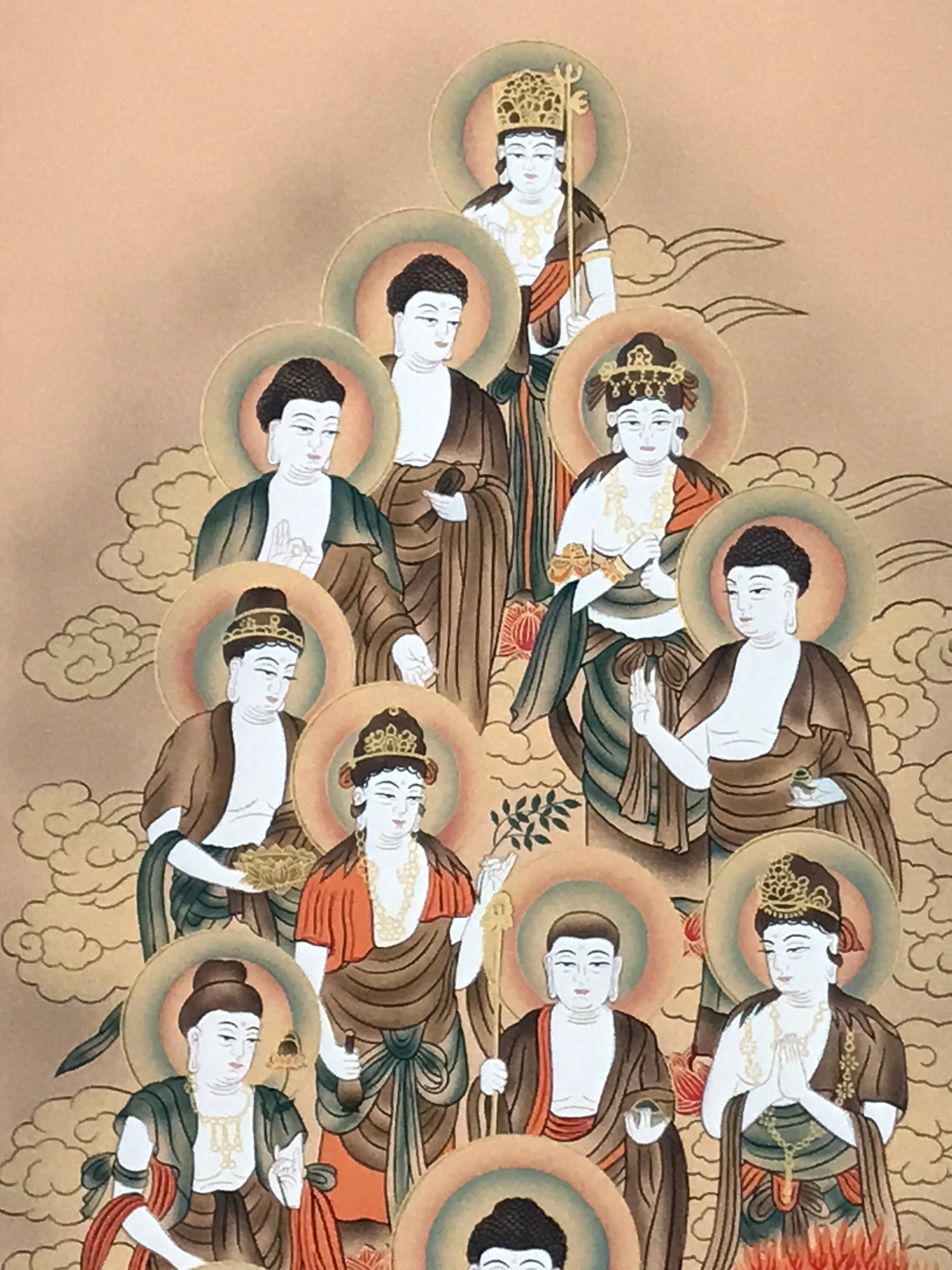 Japanese Hanging Scroll Kakejiku Vtg Thirteen Buddhas Buddhist Color Gold KJ220-AD - Scroll-chidorivintage.com