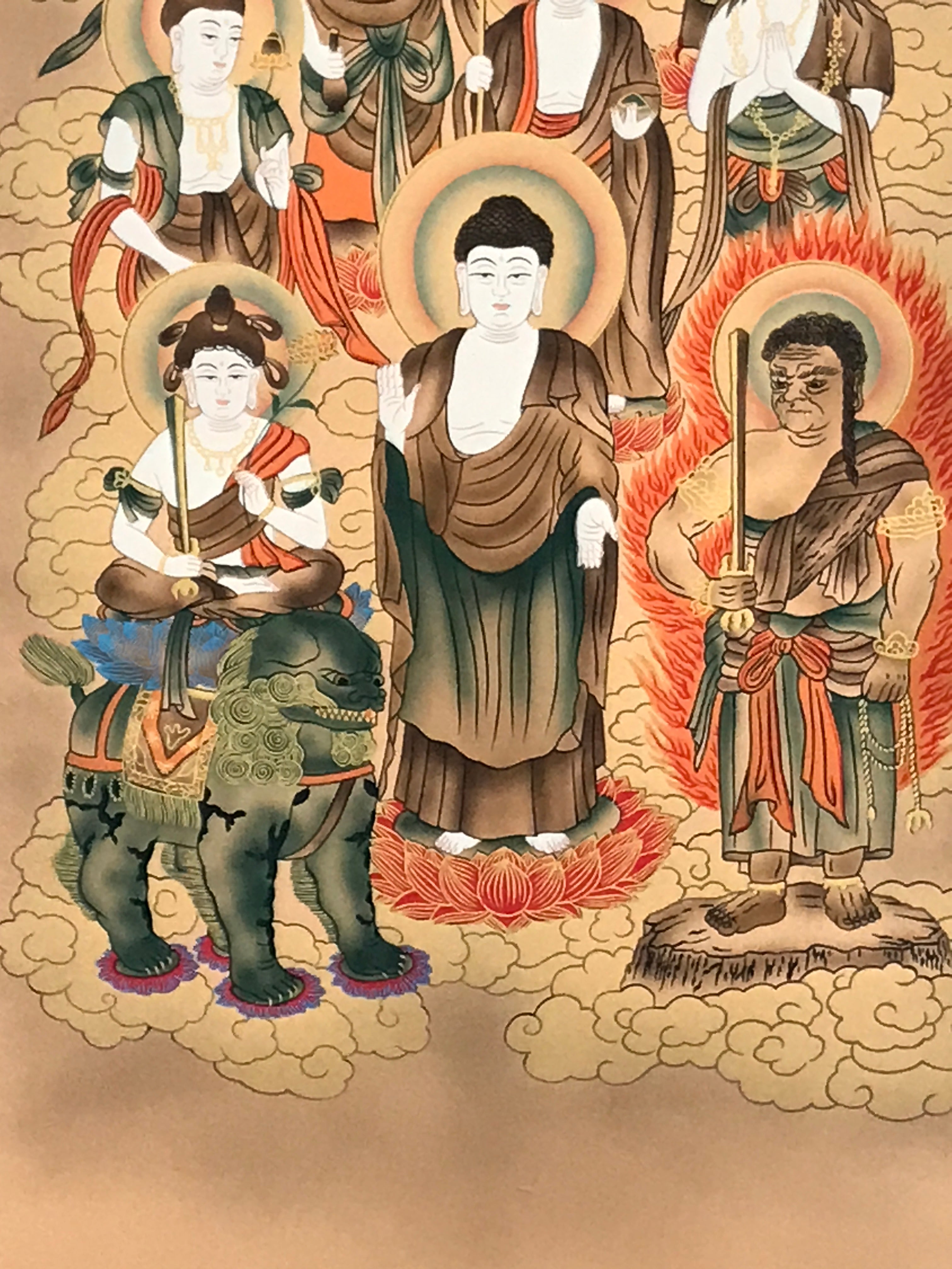 Japanese Hanging Scroll Kakejiku Vtg Thirteen Buddhas Buddhist Color Gold KJ220-AD - Scroll-chidorivintage.com