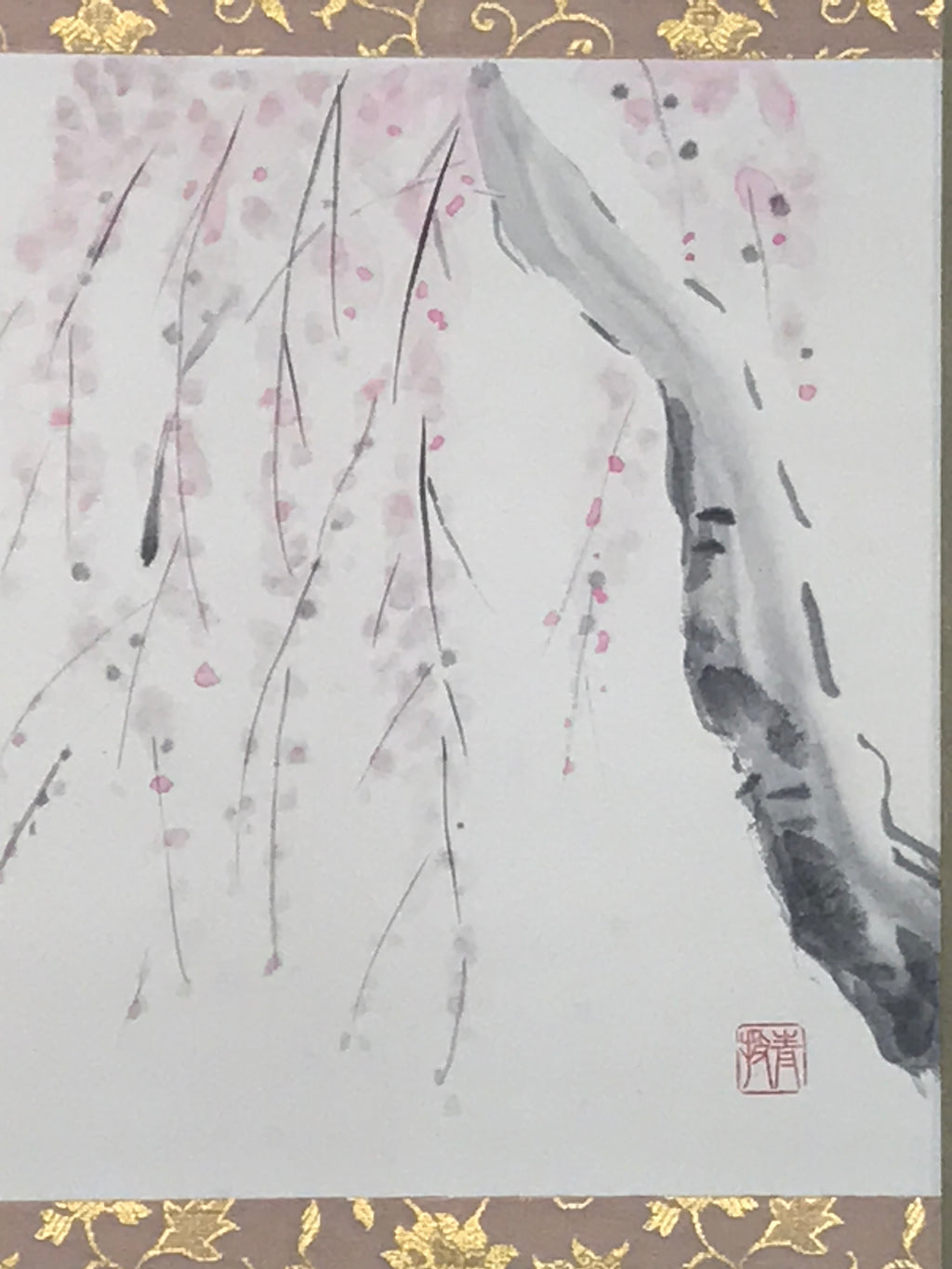 Japanese Hanging Scroll Kakejiku Vtg Weeping Plum Tree Blossoms Ume Poem KJ226-AD - Scroll-chidorivintage.com