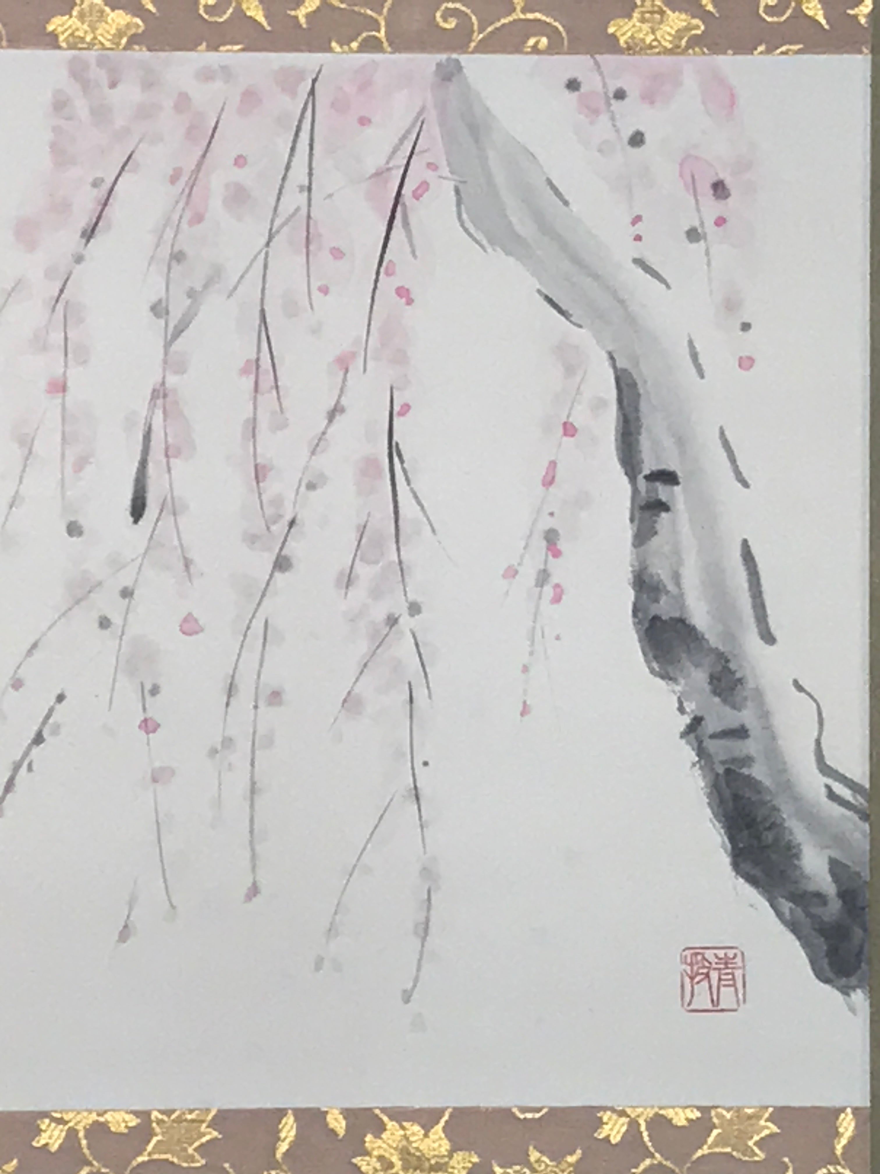 Japanese Hanging Scroll Kakejiku Vtg Weeping Plum Tree Blossoms Ume Poem KJ226-AD - Scroll-chidorivintage.com