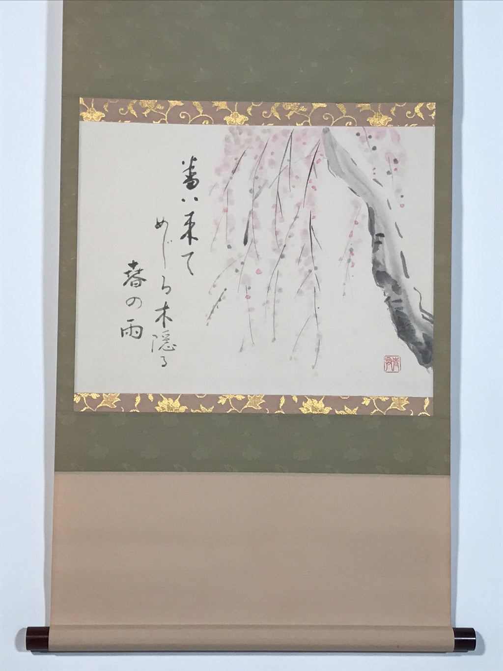 Japanese Hanging Scroll Kakejiku Vtg Weeping Plum Tree Blossoms Ume Poem KJ226-AD - Scroll-chidorivintage.com