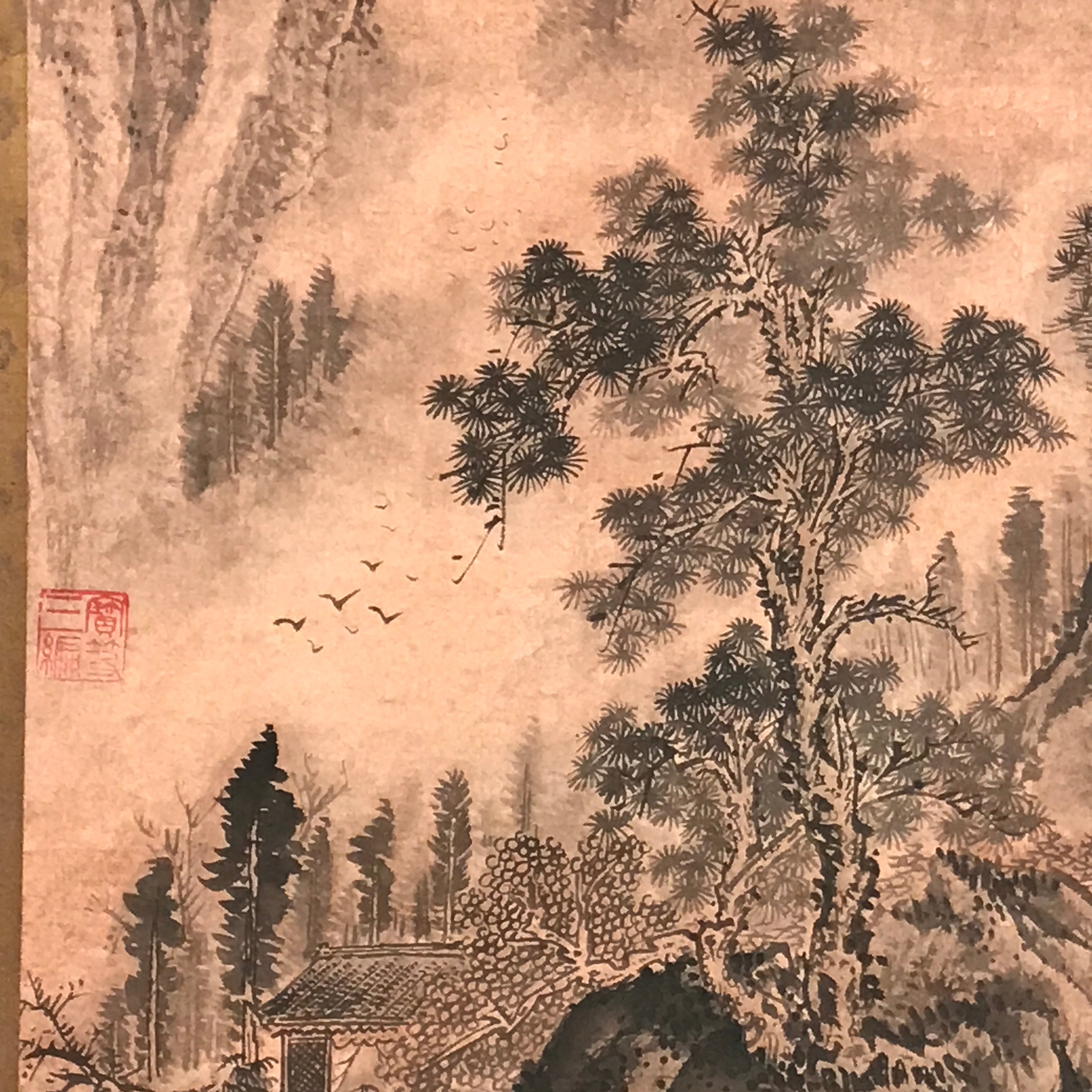 Chinese Hanging Scroll Kakejiku Vtg Landscape Mountain Trees Houses Text KJ227-AD - Scroll-chidorivintage.com