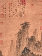 Chinese Hanging Scroll Kakejiku Vtg Landscape Mountain Trees Houses Text KJ227-AD - Scroll-chidorivintage.com