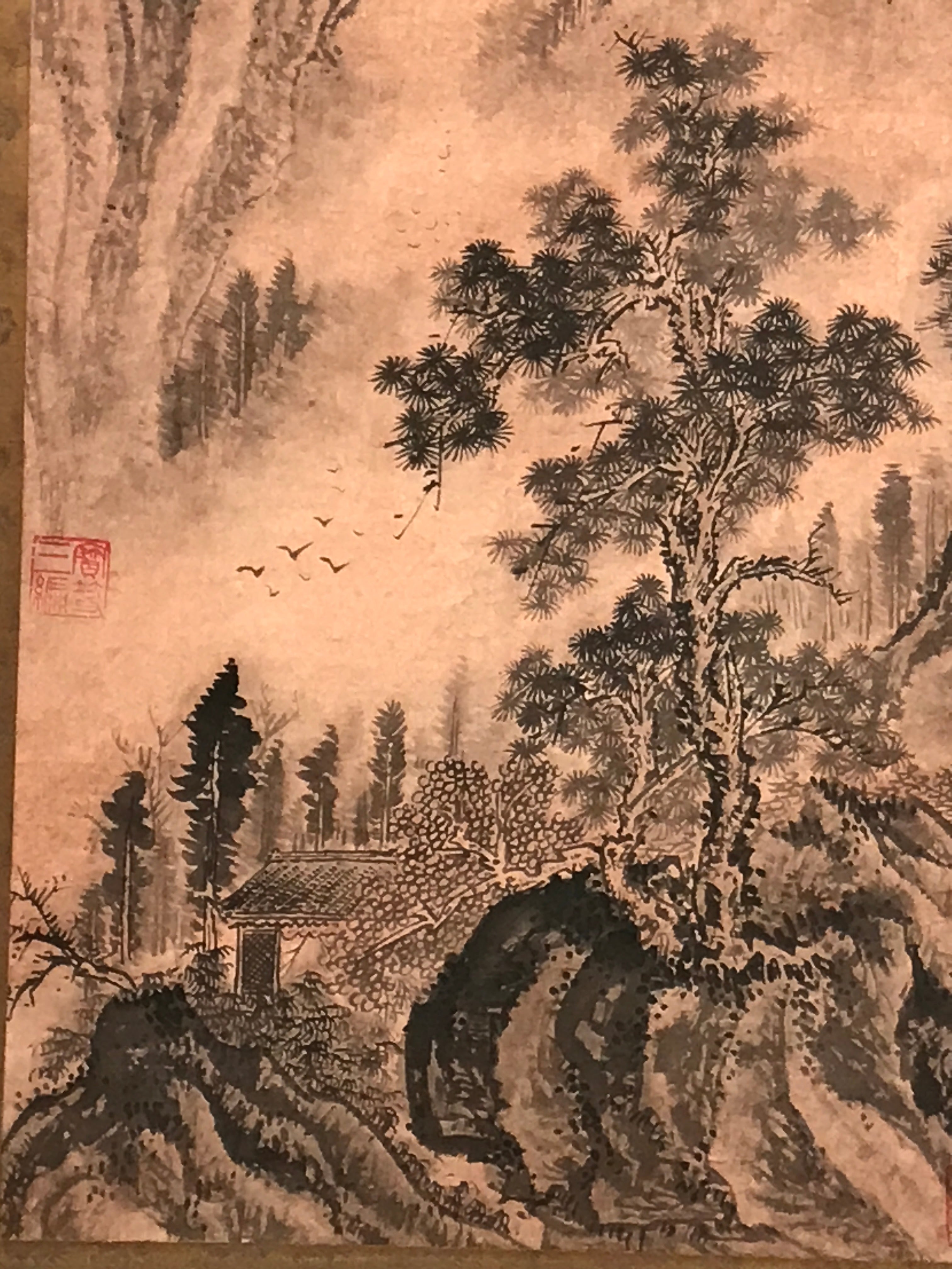 Chinese Hanging Scroll Kakejiku Vtg Landscape Mountain Trees Houses Text KJ227-AD - Scroll-chidorivintage.com