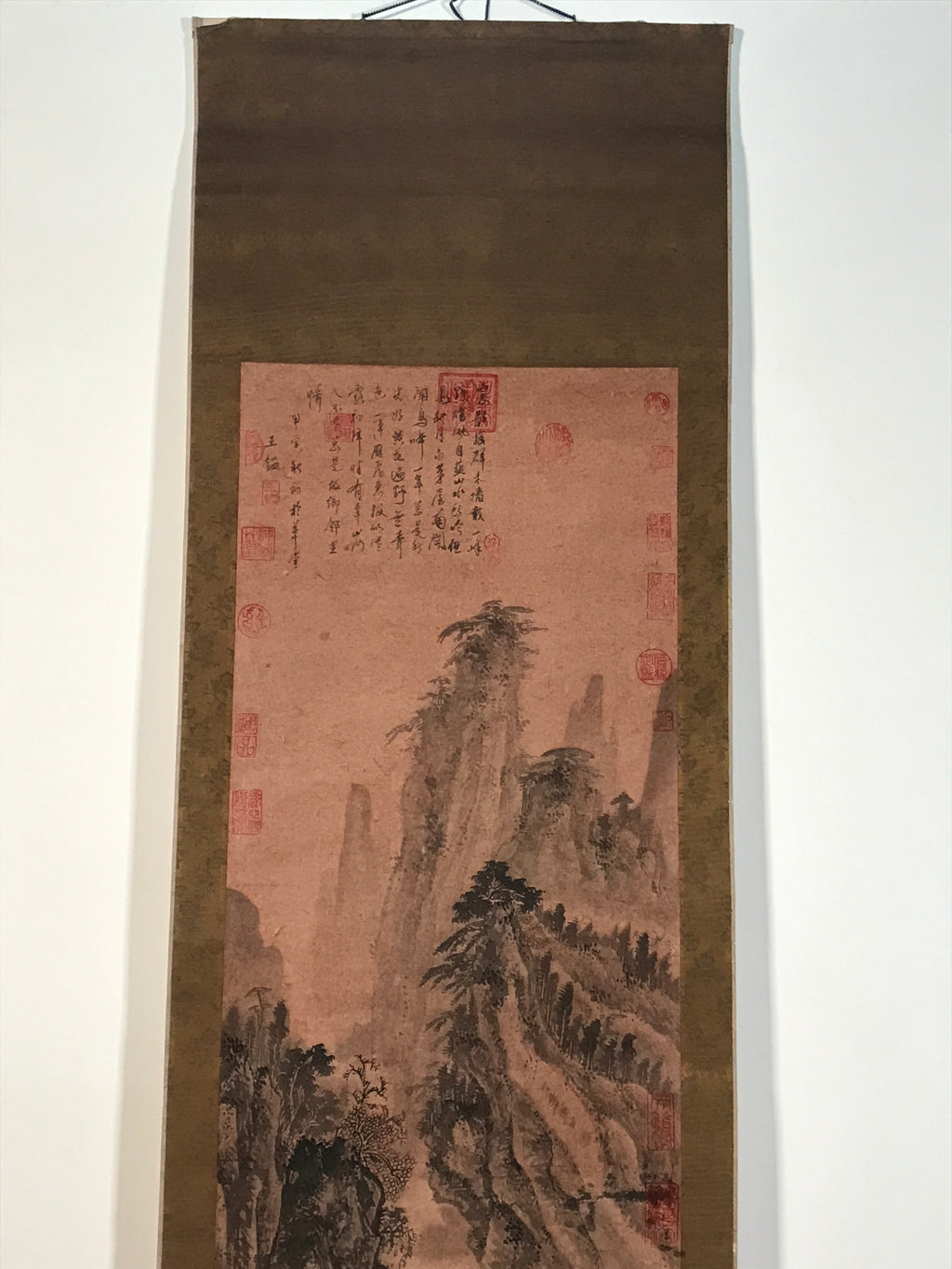 Chinese Hanging Scroll Kakejiku Vtg Landscape Mountain Trees Houses Text KJ227-AD - Scroll-chidorivintage.com