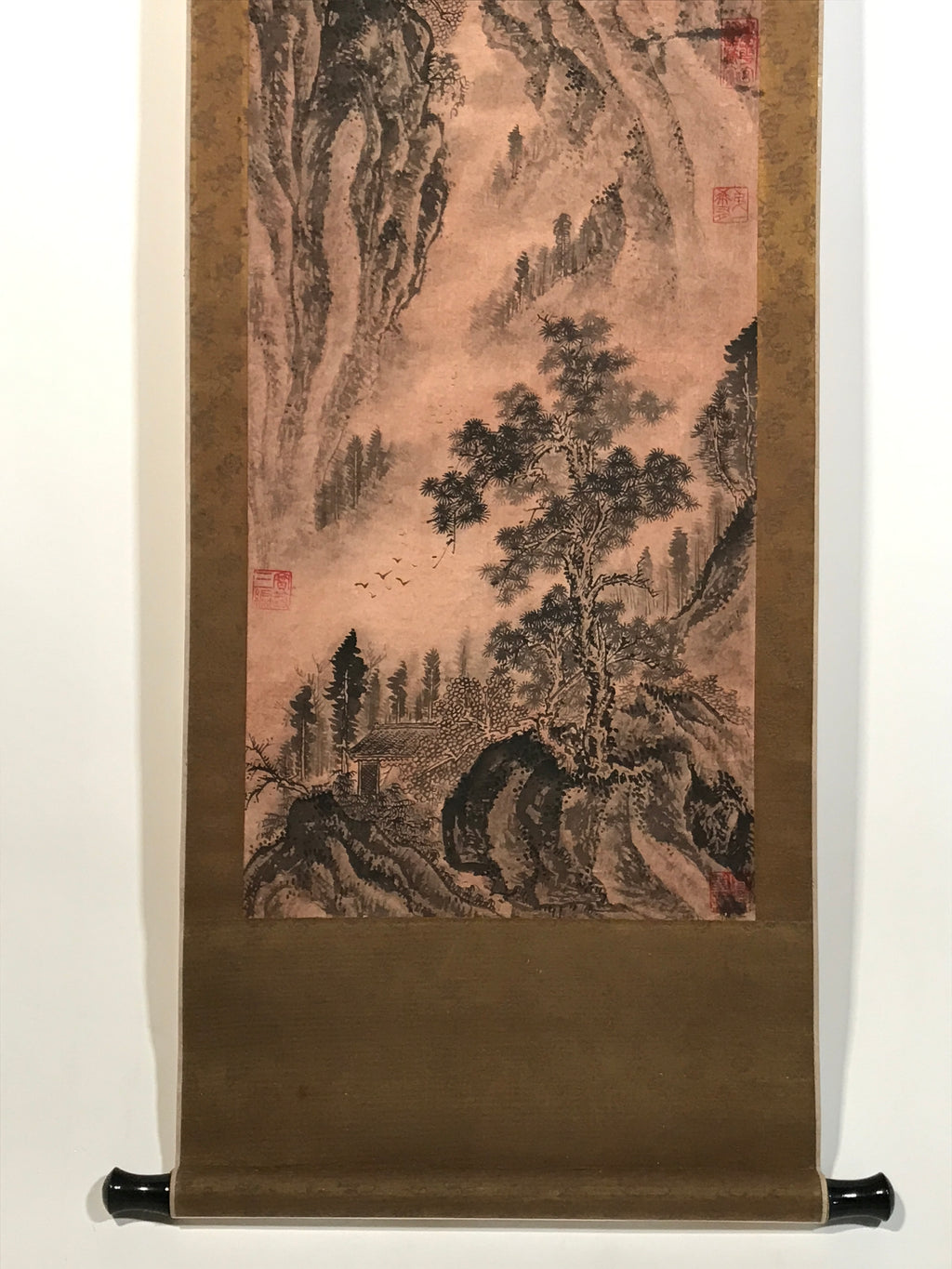 Chinese Hanging Scroll Kakejiku Vtg Landscape Mountain Trees Houses Text KJ227-AD - Scroll-chidorivintage.com