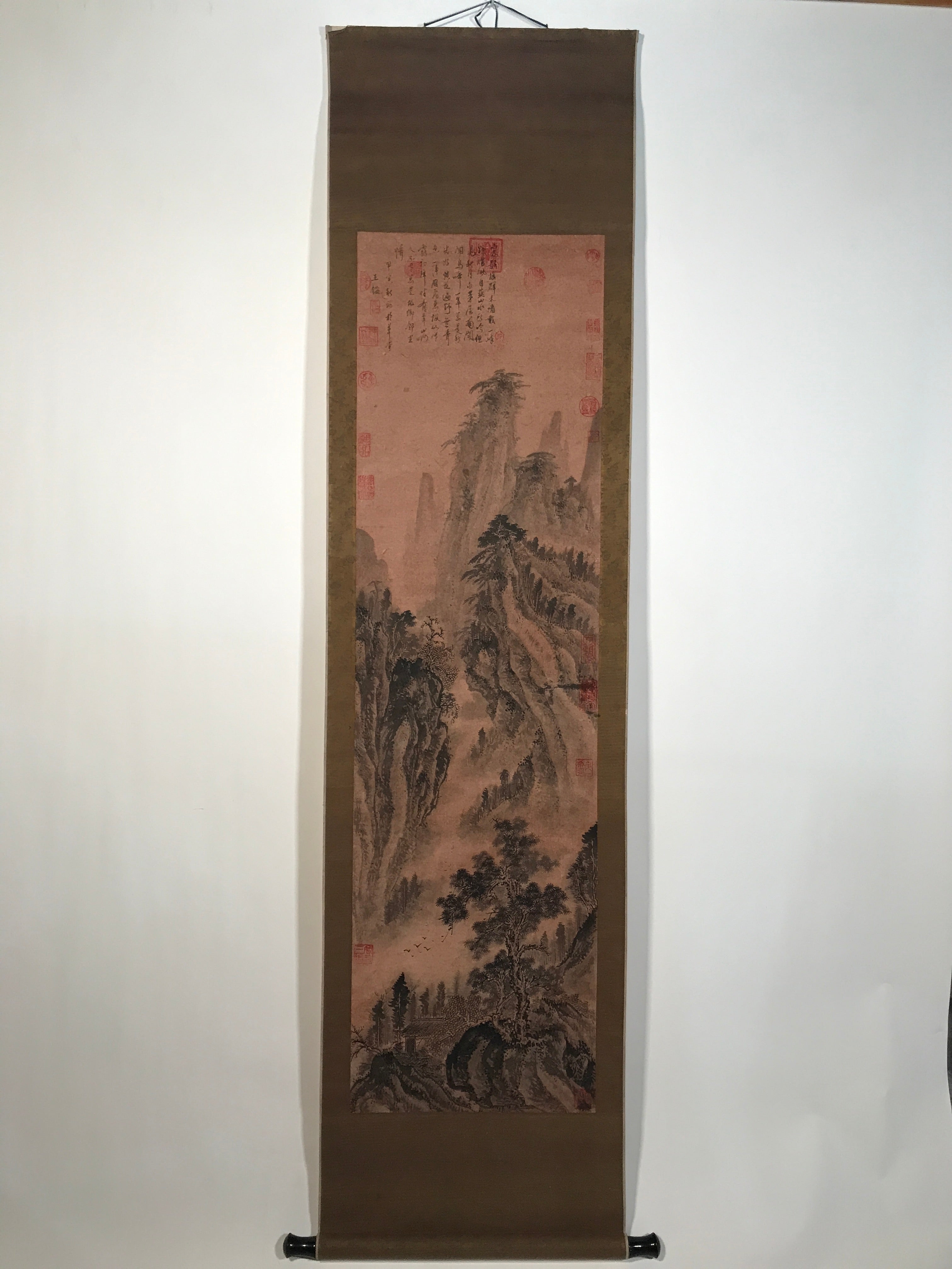 Chinese Hanging Scroll Kakejiku Vtg Landscape Mountain Trees Houses Text KJ227-AD - Scroll-chidorivintage.com