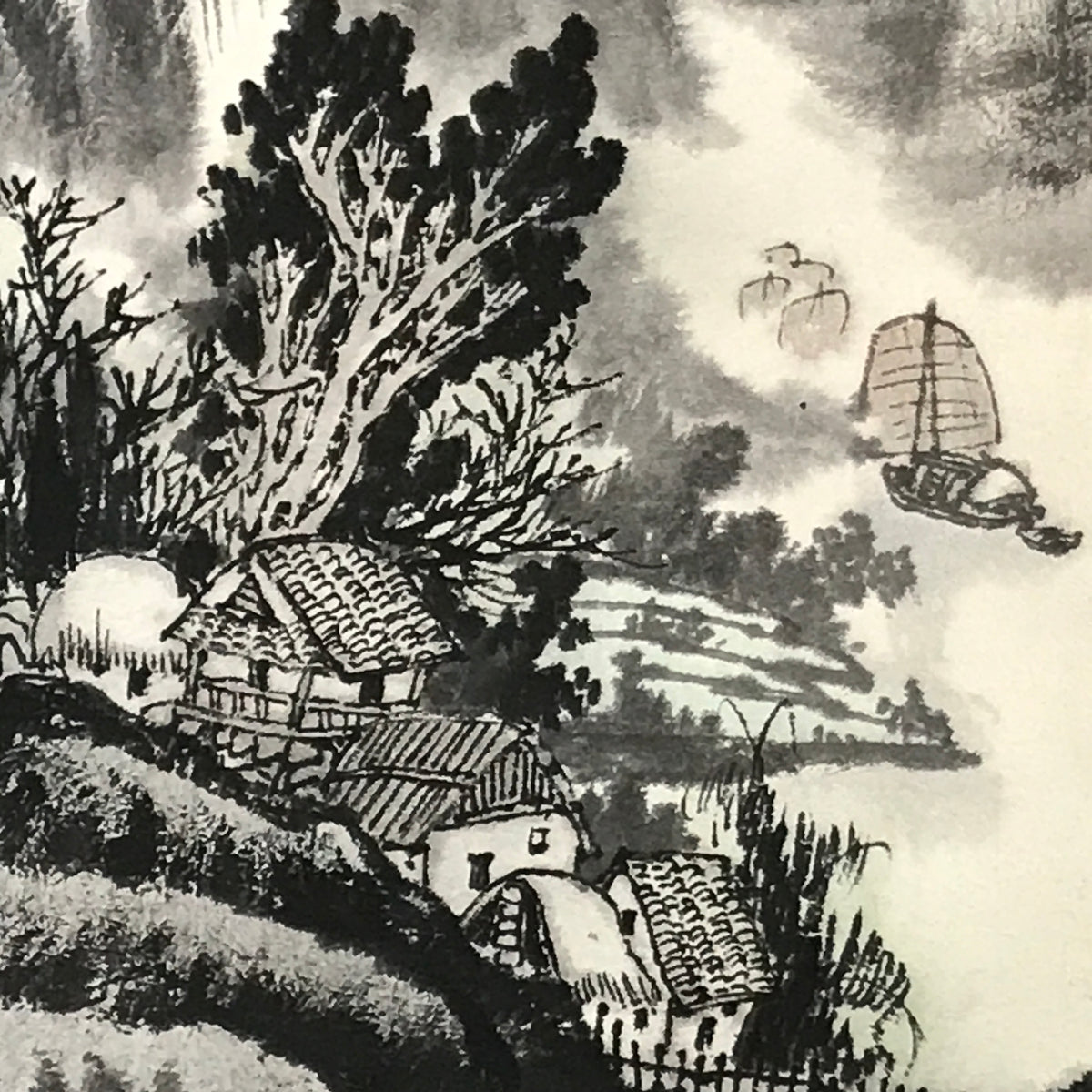 Chinese Hanging Scroll Kakejiku Vtg Landscape Mountain Boats Houses Text KJ229-AD - Scroll-chidorivintage.com