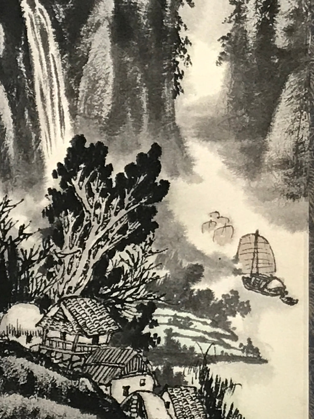 Chinese Hanging Scroll Kakejiku Vtg Landscape Mountain Boats Houses Text KJ229-AD - Scroll-chidorivintage.com