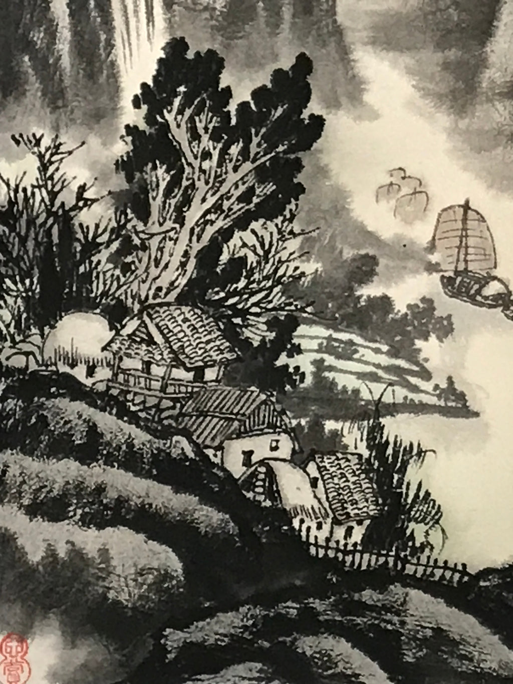 Chinese Hanging Scroll Kakejiku Vtg Landscape Mountain Boats Houses Text KJ229-AD - Scroll-chidorivintage.com