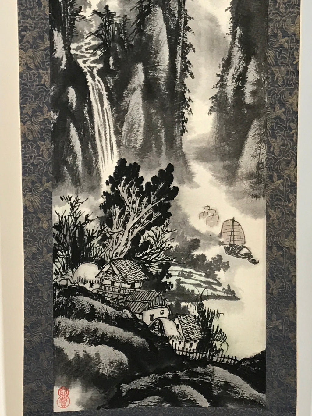 Chinese Hanging Scroll Kakejiku Vtg Landscape Mountain Boats Houses Text KJ229-AD - Scroll-chidorivintage.com