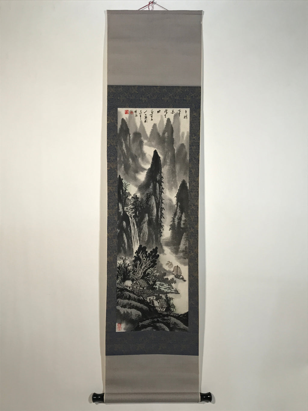 Chinese Hanging Scroll Kakejiku Vtg Landscape Mountain Boats Houses Text KJ229-AD - Scroll-chidorivintage.com
