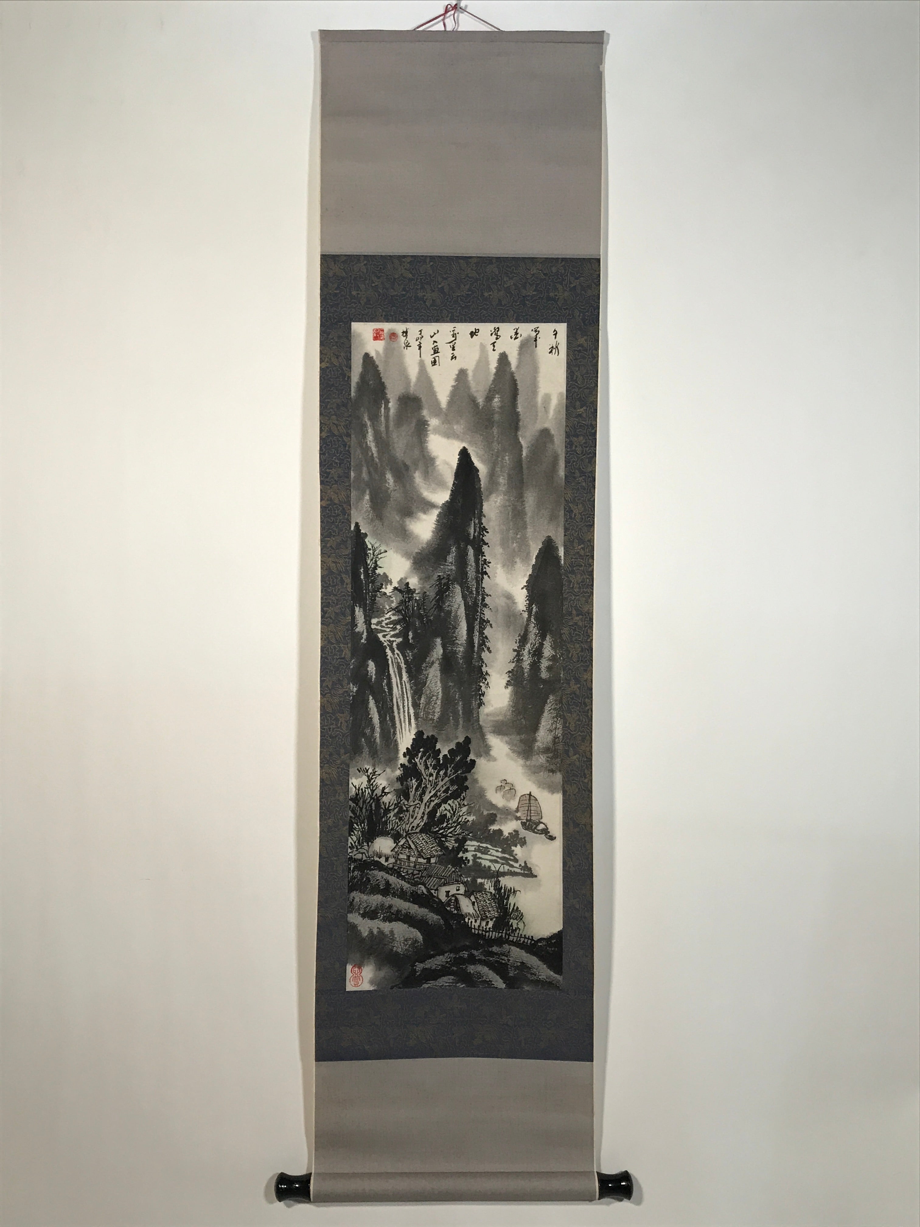 Chinese Hanging Scroll Kakejiku Vtg Landscape Mountain Boats Houses Text KJ229-AD - Scroll-chidorivintage.com