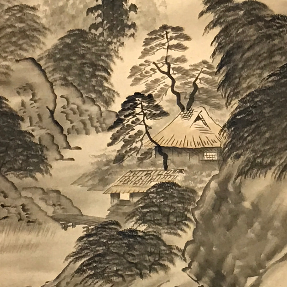 Japanese Hanging Scroll Kakejiku Vtg Sansui Landscape Trees Mountain River KJ231-AD - Scroll-chidorivintage.com