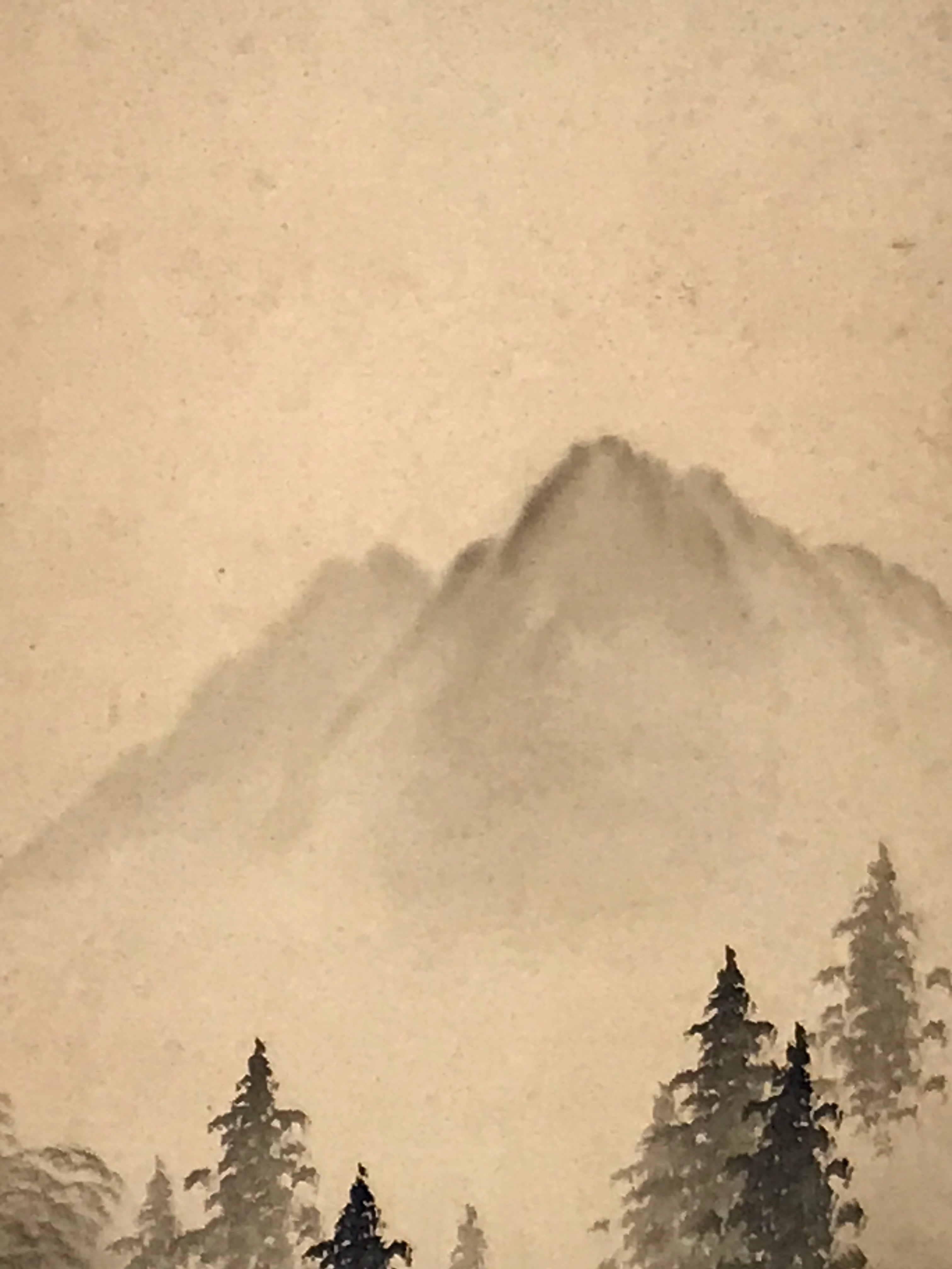 Japanese Hanging Scroll Kakejiku Vtg Sansui Landscape Trees Mountain River KJ231-AD - Scroll-chidorivintage.com