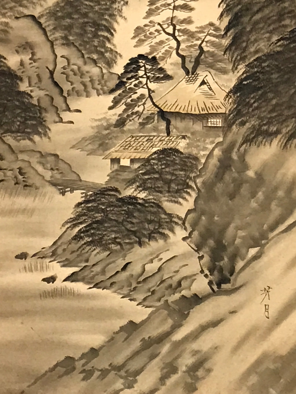 Japanese Hanging Scroll Kakejiku Vtg Sansui Landscape Trees Mountain River KJ231-AD - Scroll-chidorivintage.com