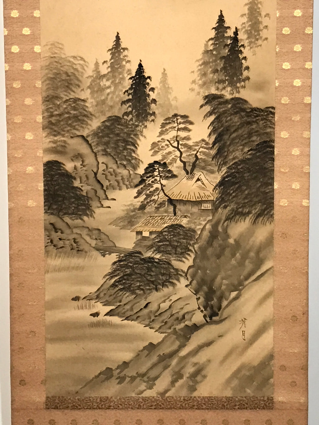 Japanese Hanging Scroll Kakejiku Vtg Sansui Landscape Trees Mountain River KJ231-AD - Scroll-chidorivintage.com