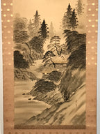 Japanese Hanging Scroll Kakejiku Vtg Sansui Landscape Trees Mountain River KJ231-AD - Scroll-chidorivintage.com