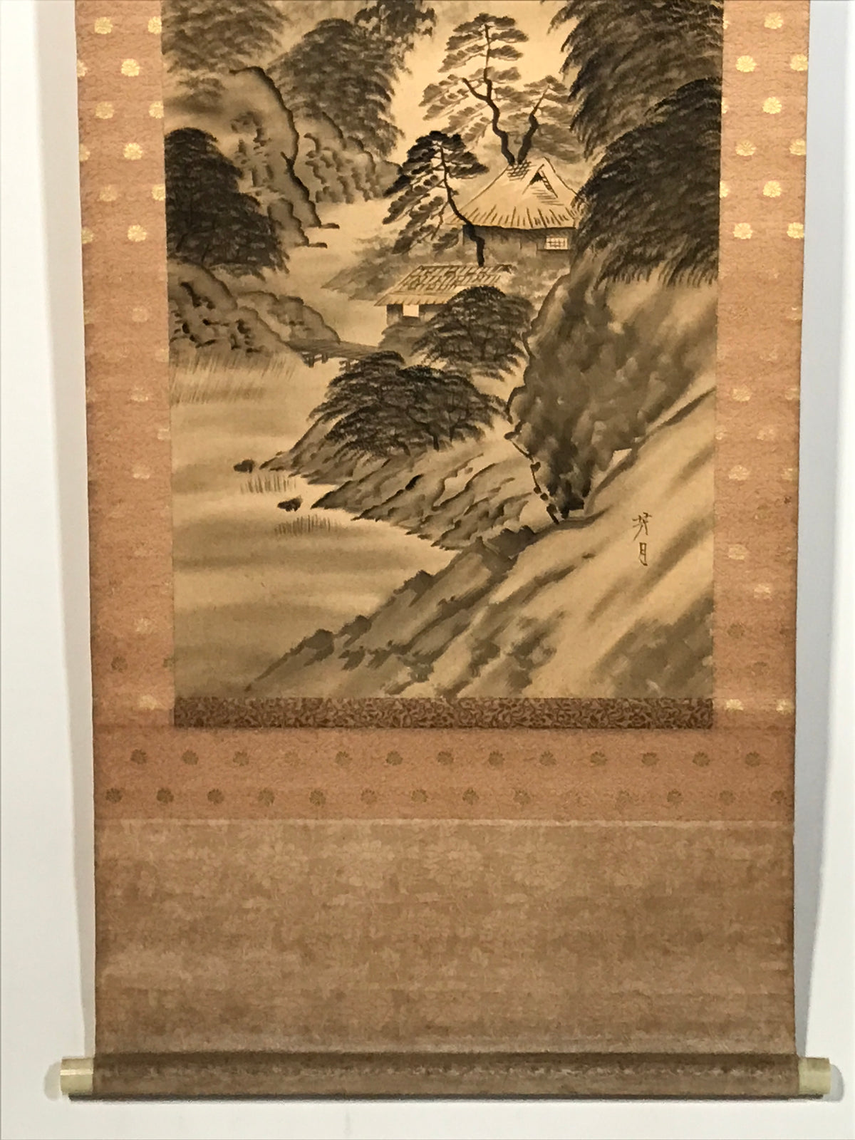 Japanese Hanging Scroll Kakejiku Vtg Sansui Landscape Trees Mountain River KJ231-AD - Scroll-chidorivintage.com