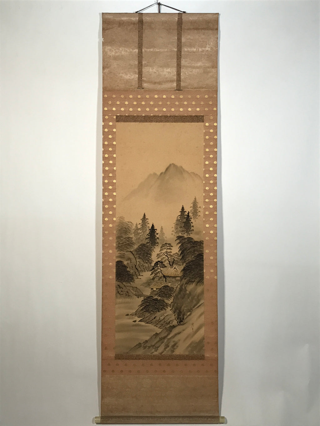 Japanese Hanging Scroll Kakejiku Vtg Sansui Landscape Trees Mountain River KJ231-AD - Scroll-chidorivintage.com