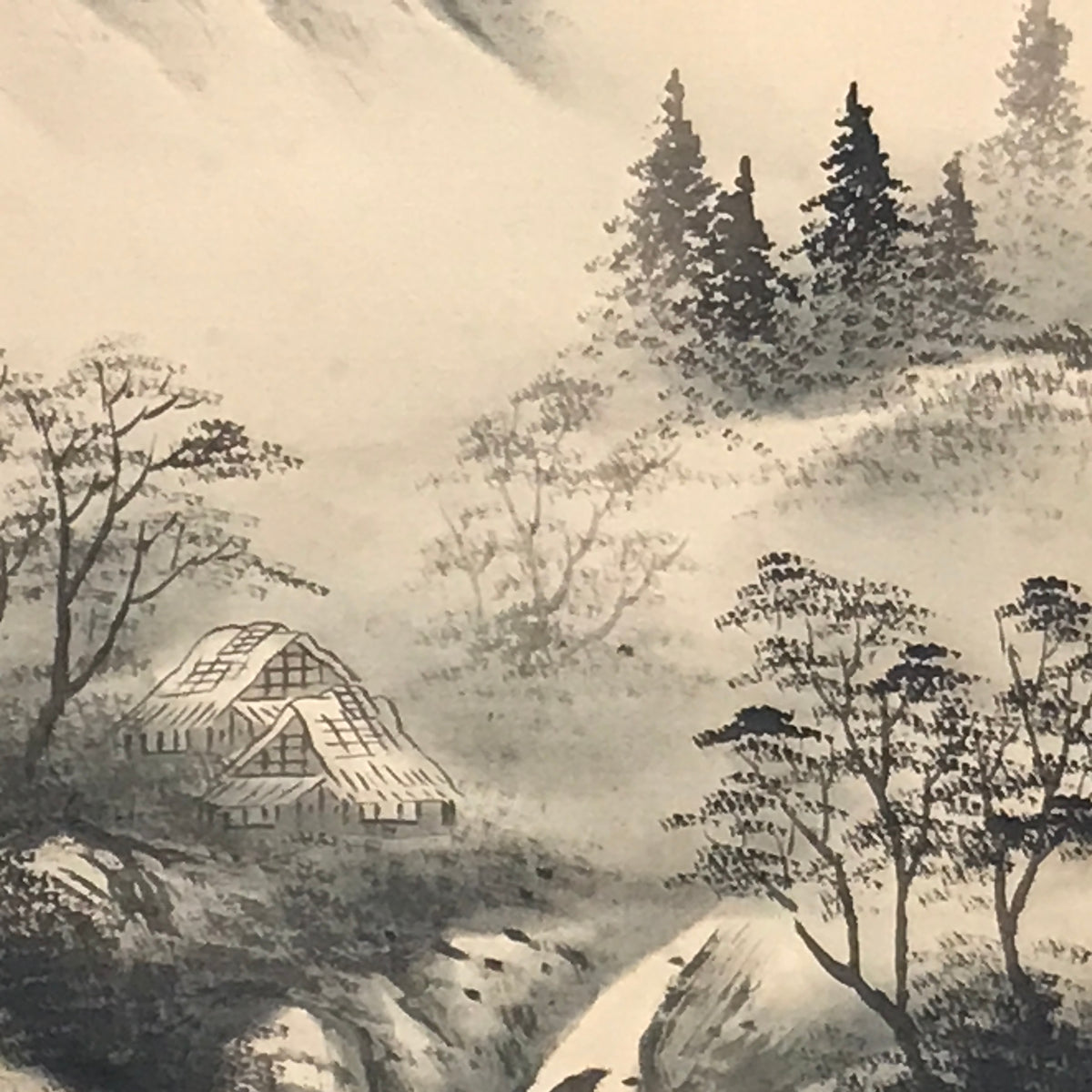 Japanese Hanging Scroll Kakejiku Vtg River Mountain Landscape Trees Sansui KJ232-AD - Scroll-chidorivintage.com