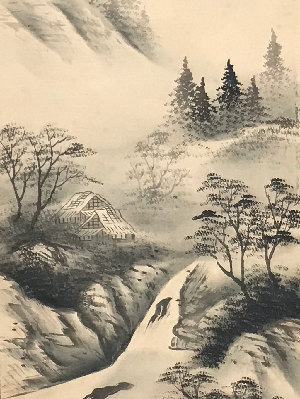 Japanese Hanging Scroll Kakejiku Vtg River Mountain Landscape Trees Sansui KJ232-AD - Scroll-chidorivintage.com