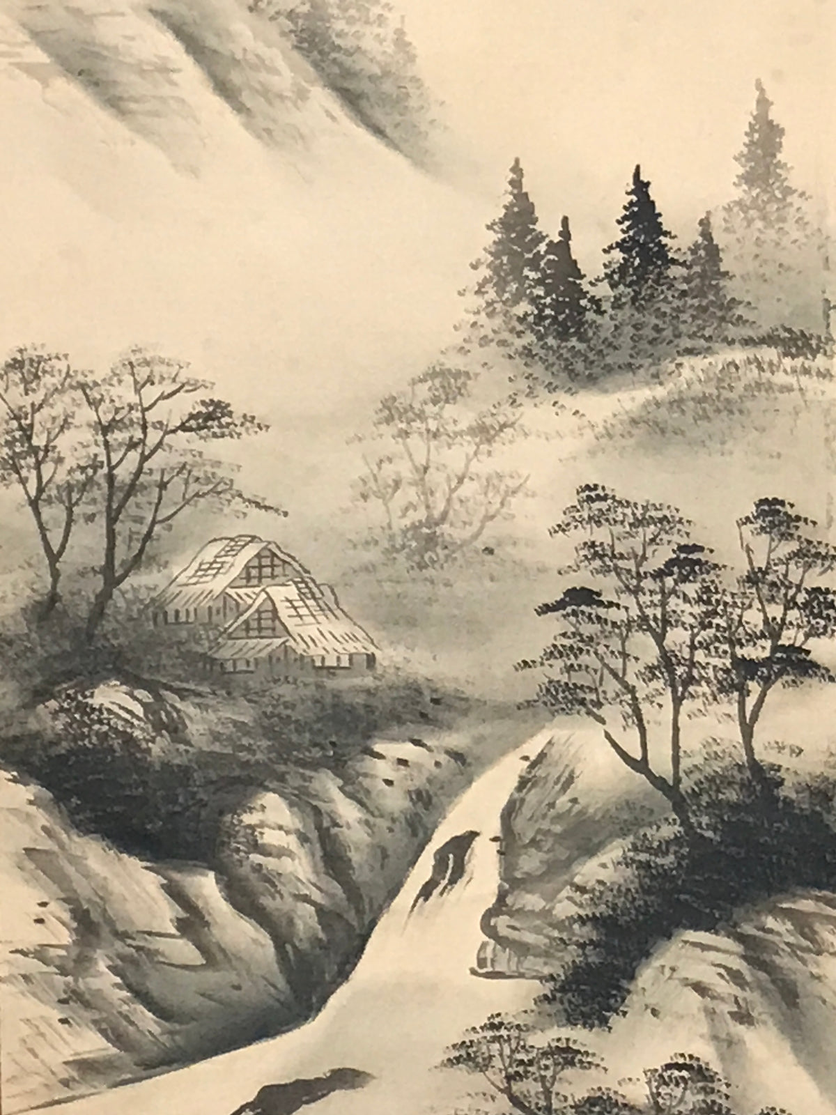 Japanese Hanging Scroll Kakejiku Vtg River Mountain Landscape Trees Sansui KJ232-AD - Scroll-chidorivintage.com
