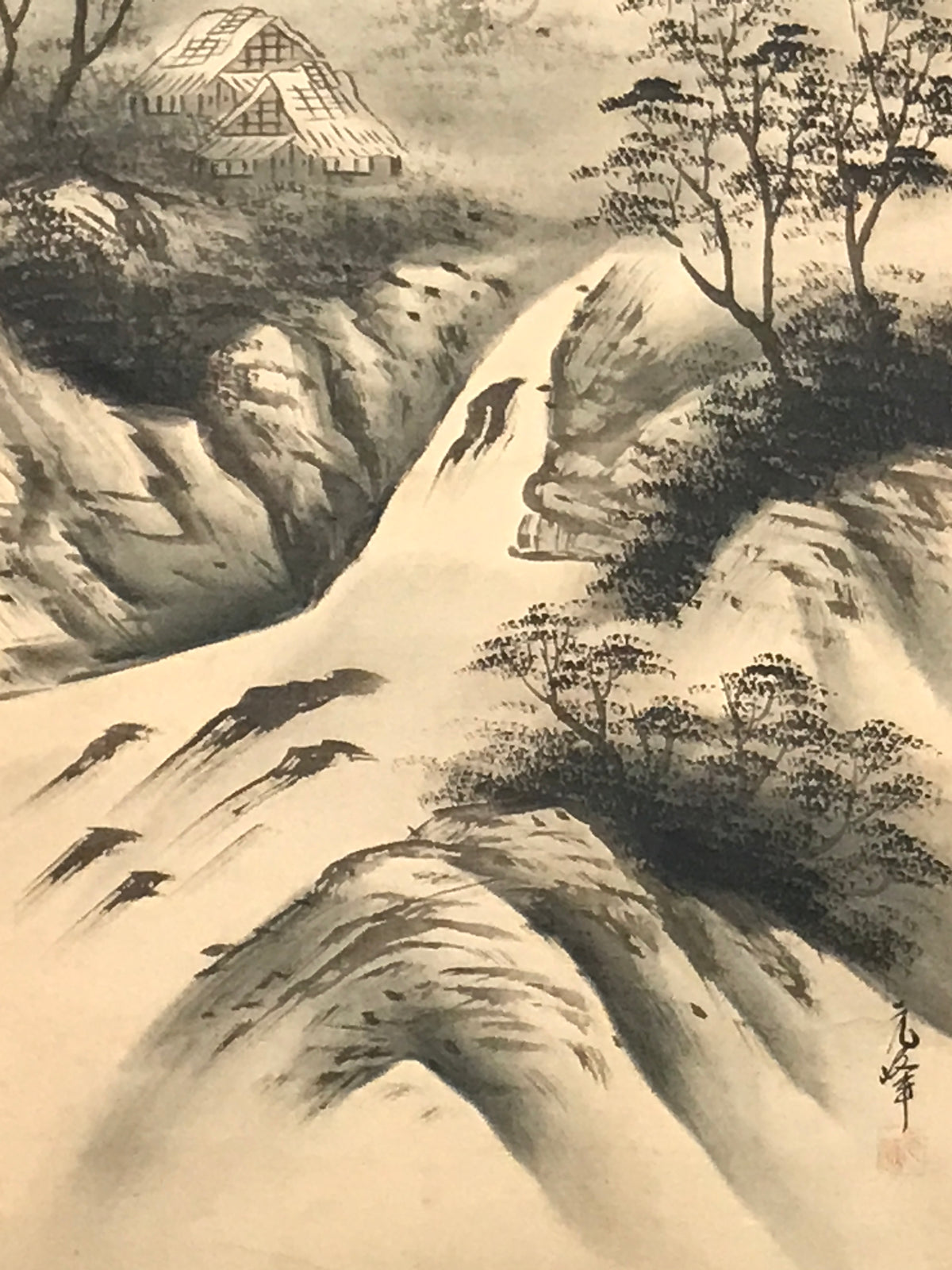 Japanese Hanging Scroll Kakejiku Vtg River Mountain Landscape Trees Sansui KJ232-AD - Scroll-chidorivintage.com