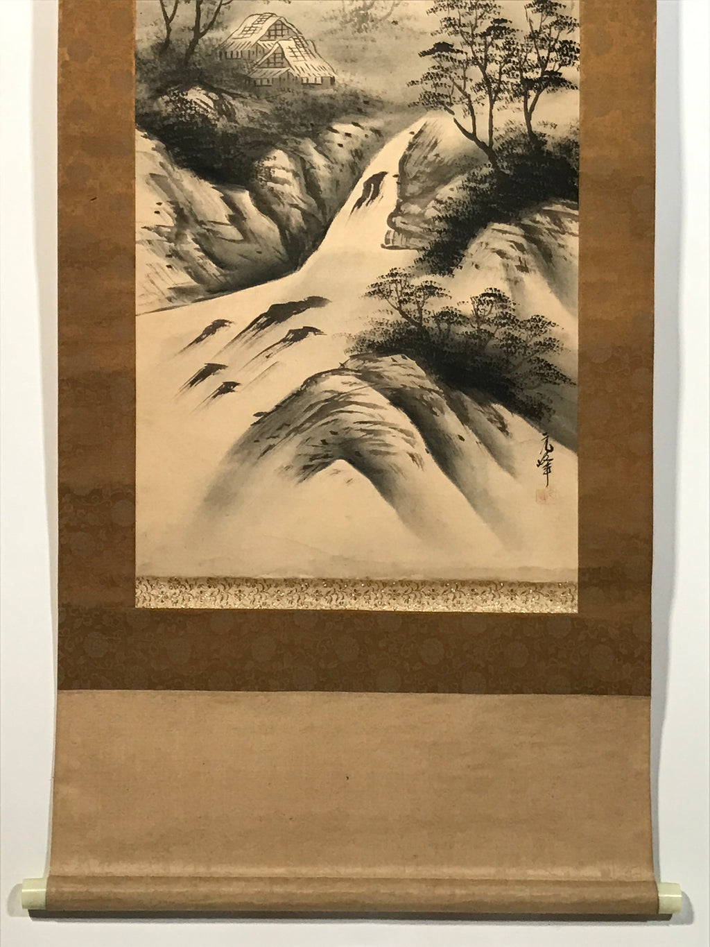 Japanese Hanging Scroll Kakejiku Vtg River Mountain Landscape Trees Sansui KJ232-AD - Scroll-chidorivintage.com