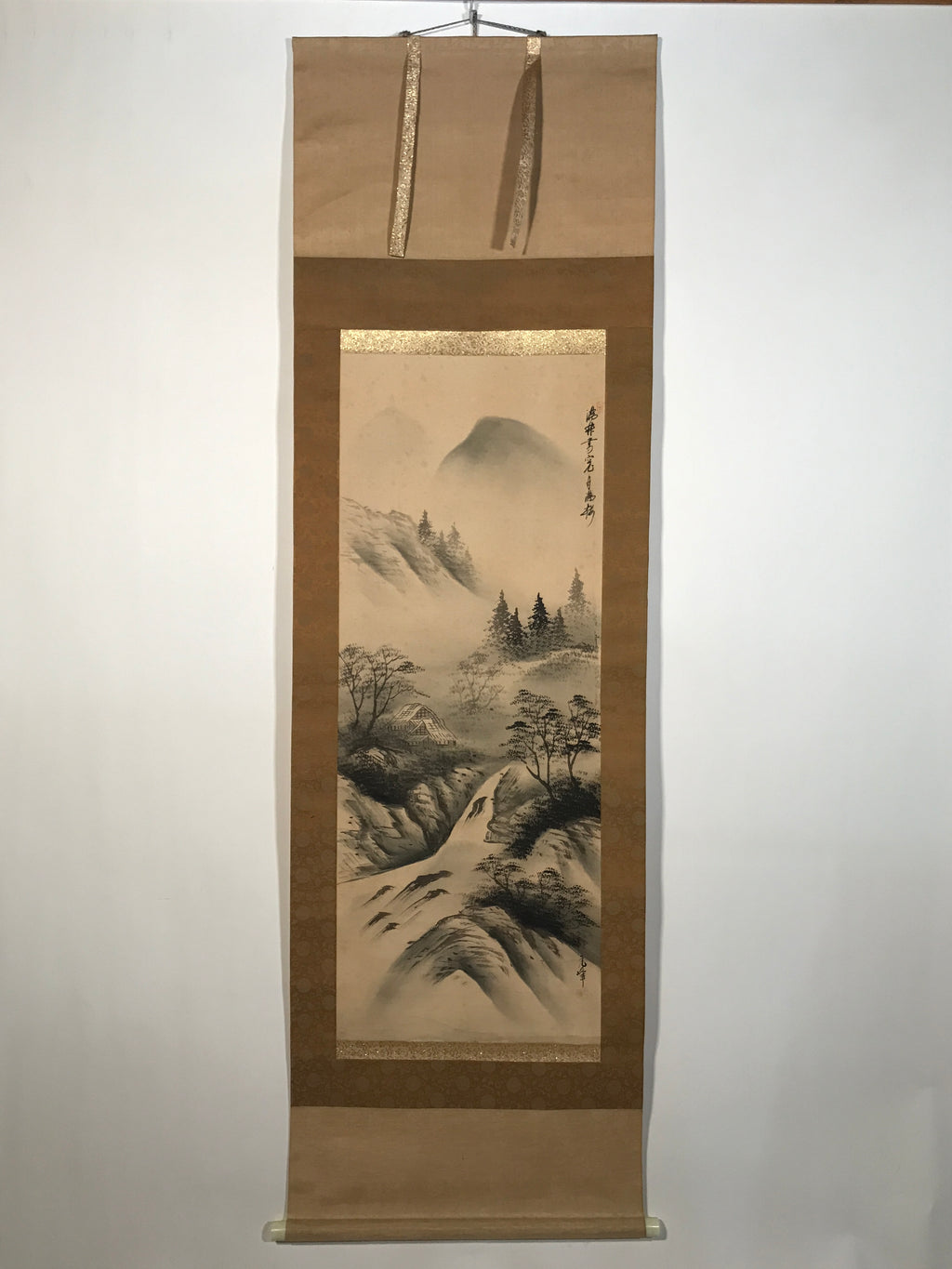 Japanese Hanging Scroll Kakejiku Vtg River Mountain Landscape Trees Sansui KJ232-AD - Scroll-chidorivintage.com