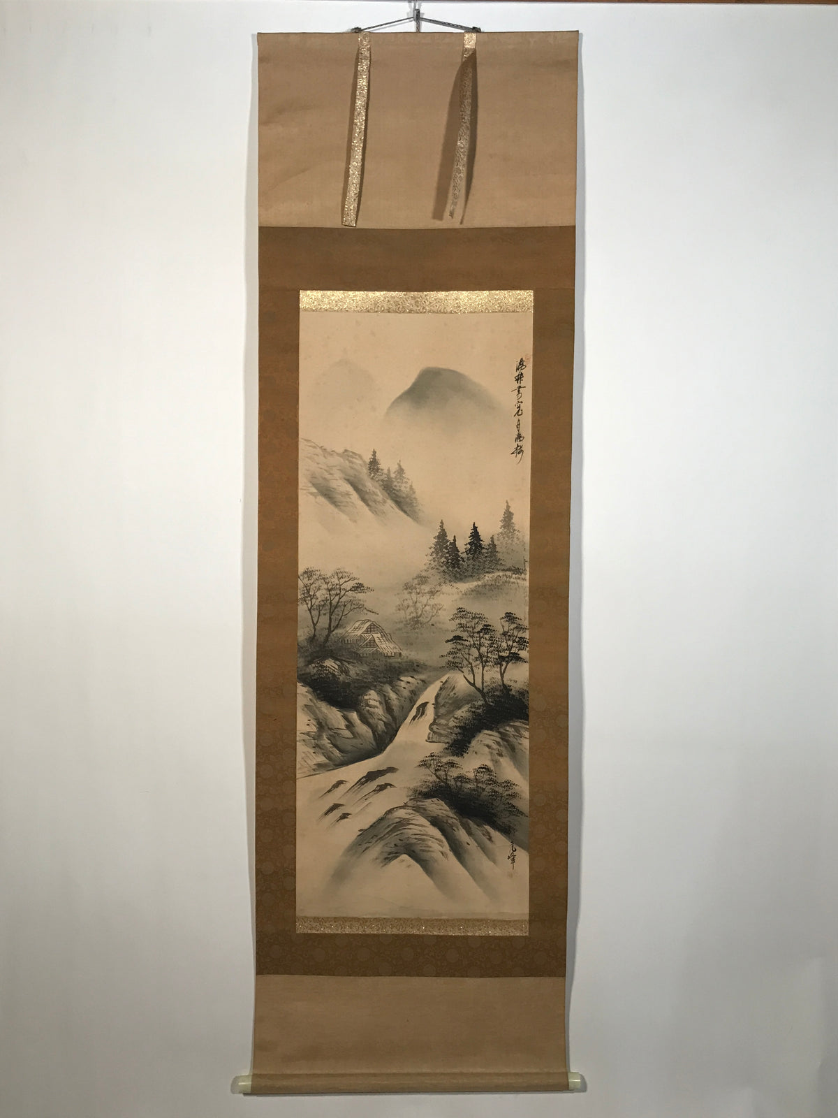 Japanese Hanging Scroll Kakejiku Vtg River Mountain Landscape Trees Sansui KJ232-AD - Scroll-chidorivintage.com