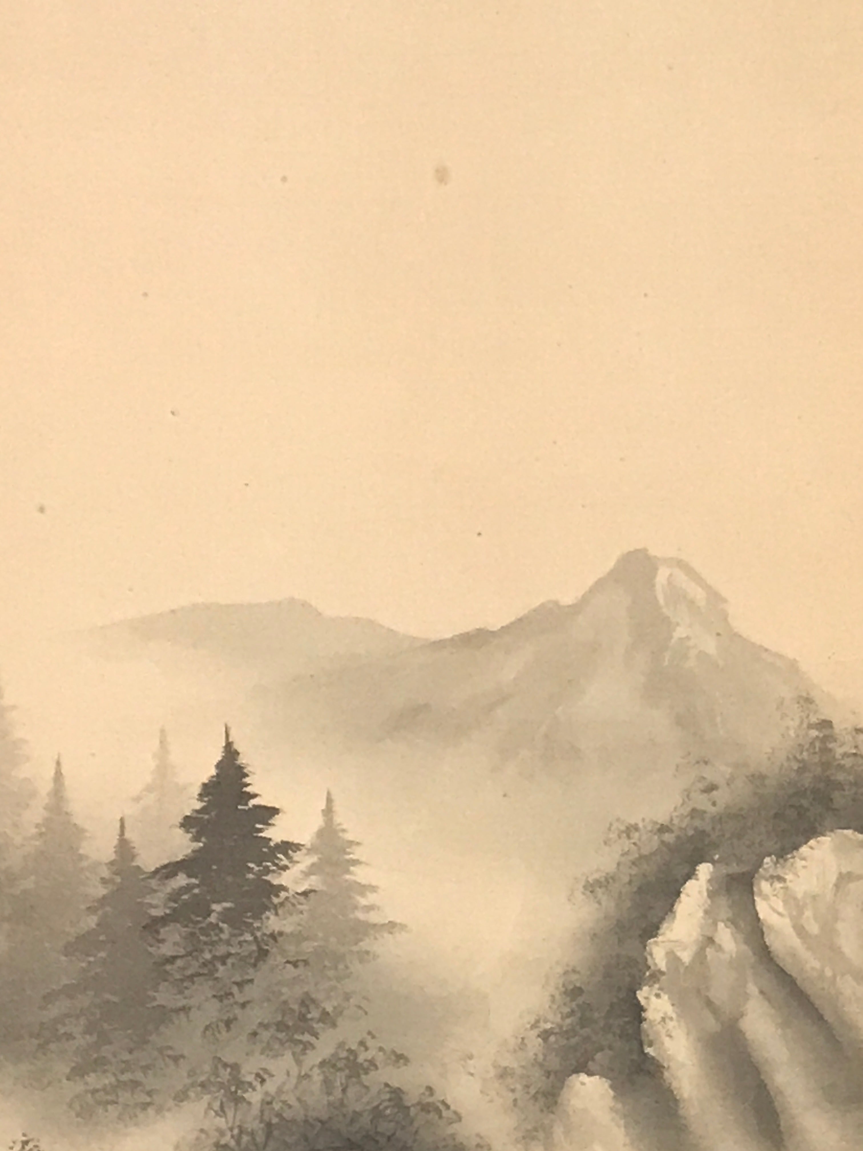 Japanese Hanging Scroll Kakejiku Vtg River Mountain Landscape Trees Sansui KJ233-AD - Scroll-chidorivintage.com