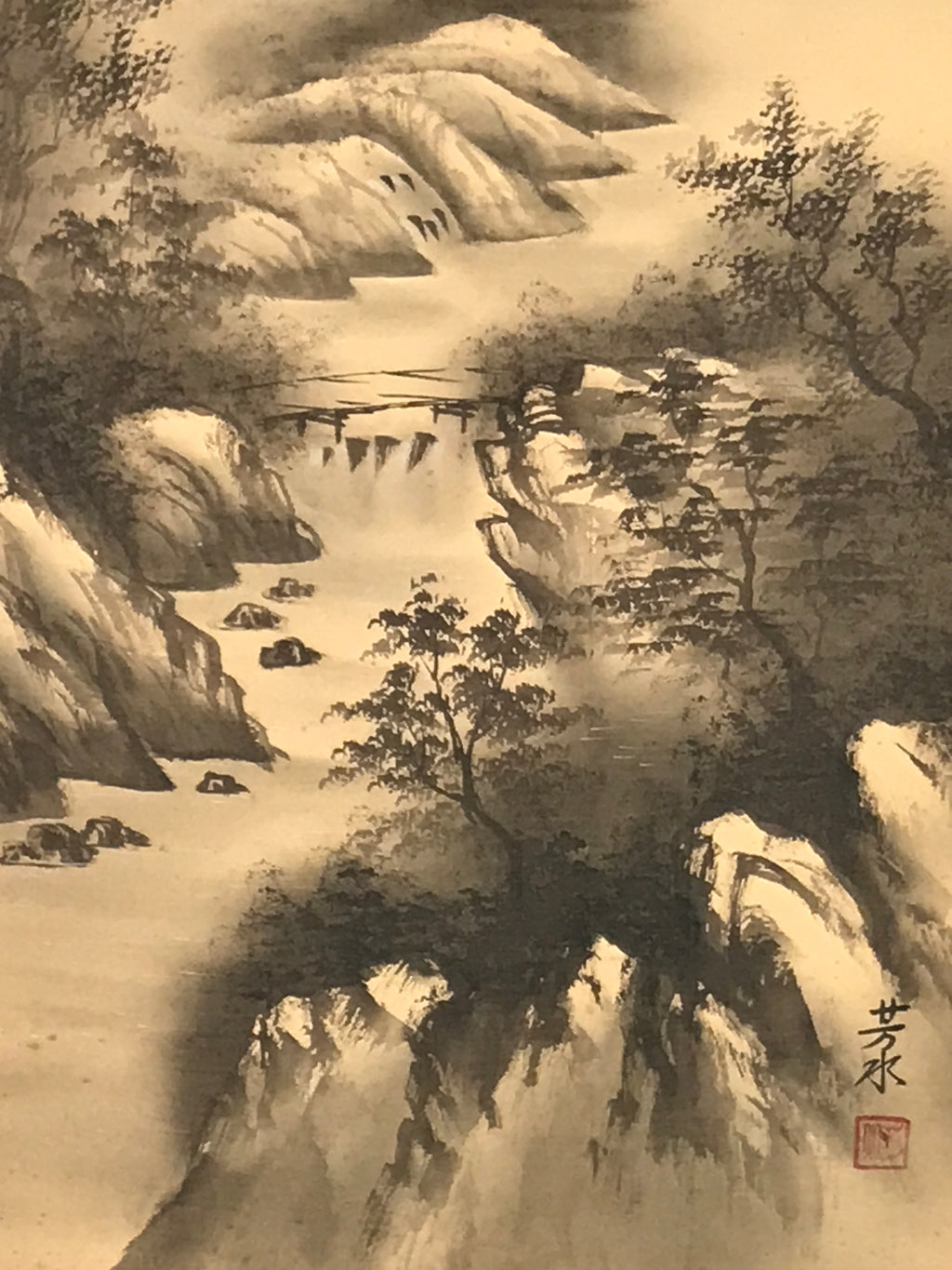 Japanese Hanging Scroll Kakejiku Vtg River Mountain Landscape Trees Sansui KJ233-AD - Scroll-chidorivintage.com