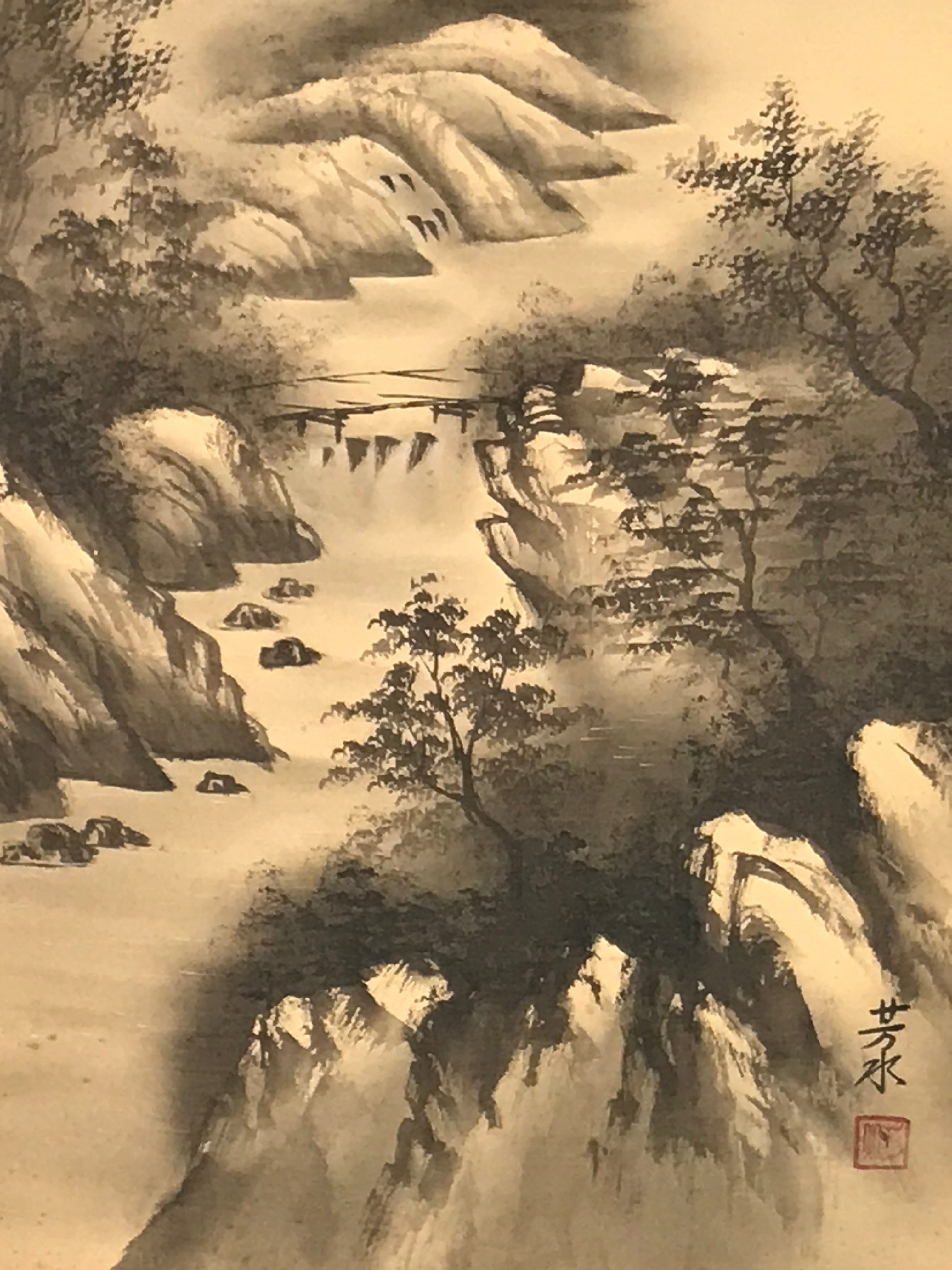 Japanese Hanging Scroll Kakejiku Vtg River Mountain Landscape Trees Sansui KJ233-AD - Scroll-chidorivintage.com