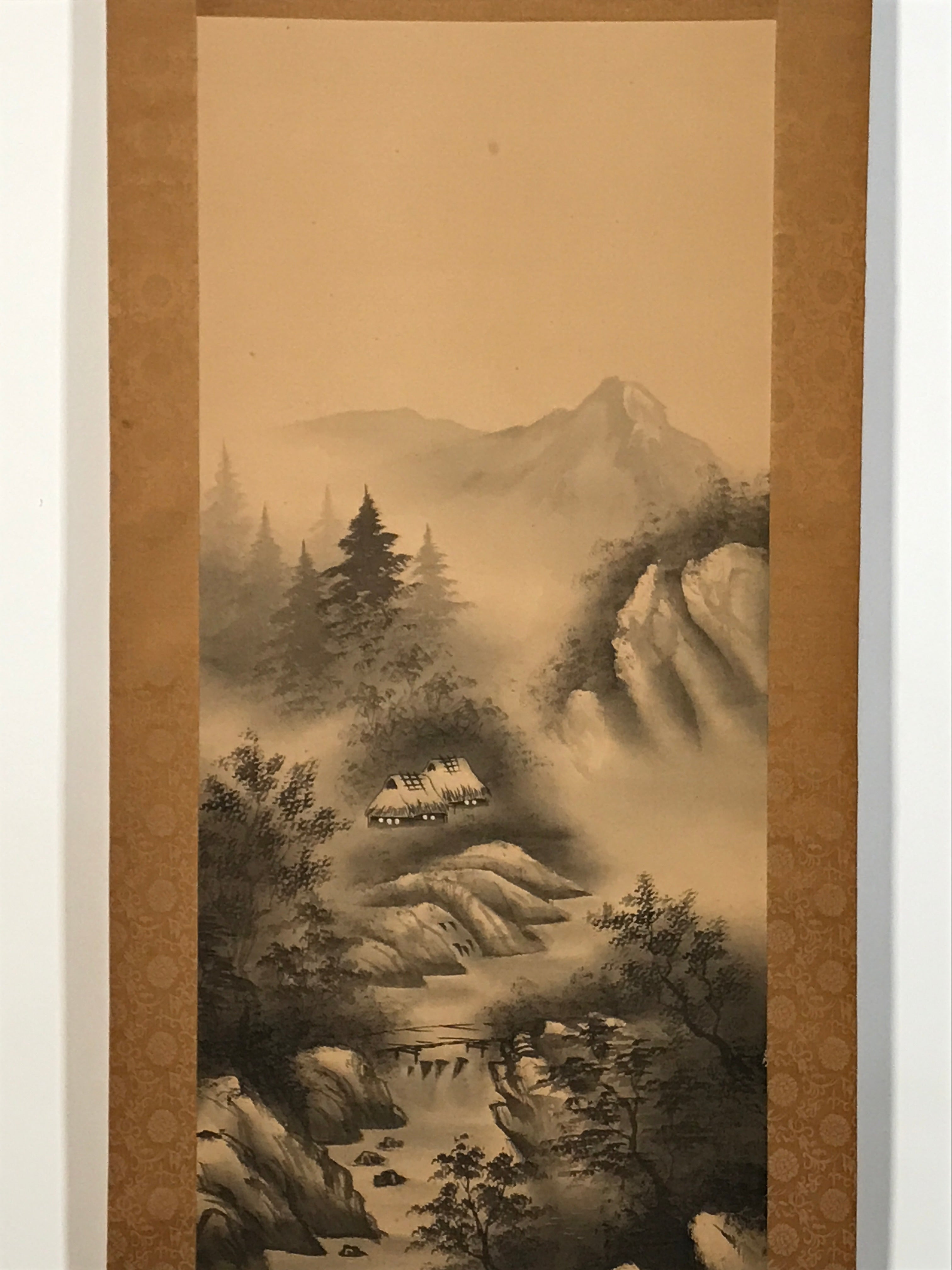 Japanese Hanging Scroll Kakejiku Vtg River Mountain Landscape Trees Sansui KJ233-AD - Scroll-chidorivintage.com