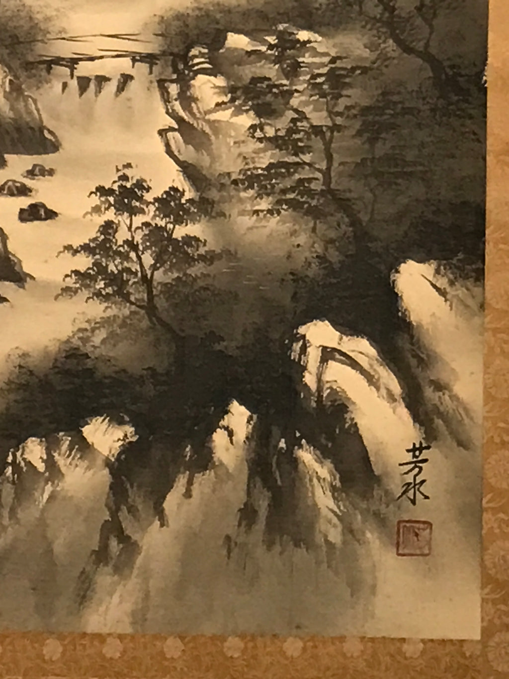 Japanese Hanging Scroll Kakejiku Vtg River Mountain Landscape Trees Sansui KJ233-AD - Scroll-chidorivintage.com