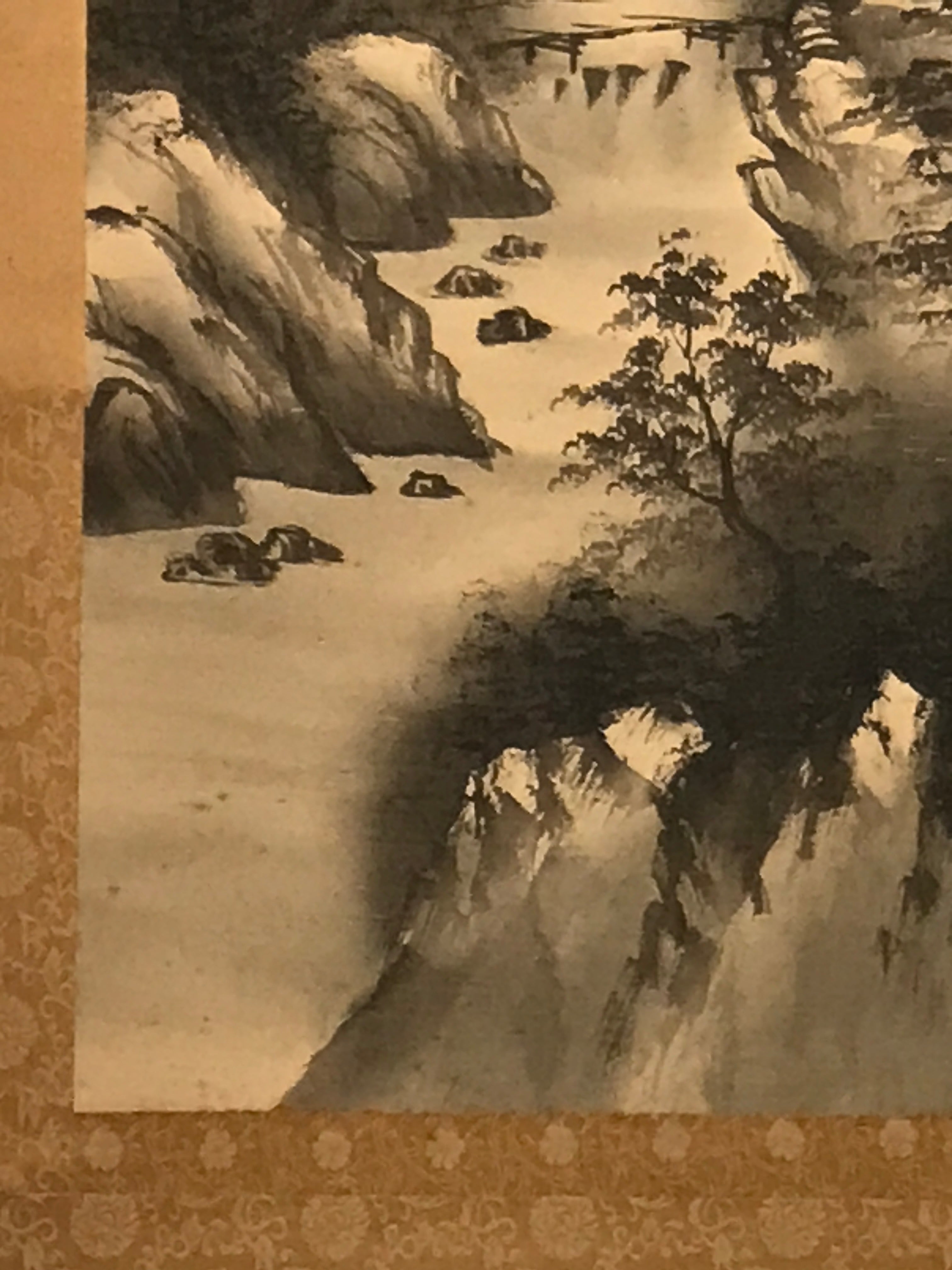 Japanese Hanging Scroll Kakejiku Vtg River Mountain Landscape Trees Sansui KJ233-AD - Scroll-chidorivintage.com