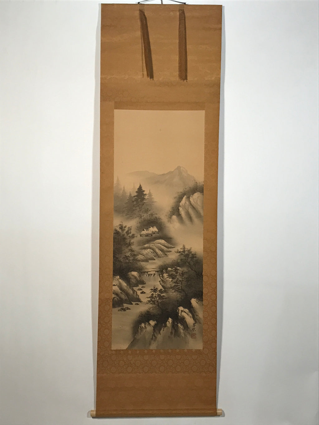 Japanese Hanging Scroll Kakejiku Vtg River Mountain Landscape Trees Sansui KJ233-AD - Scroll-chidorivintage.com