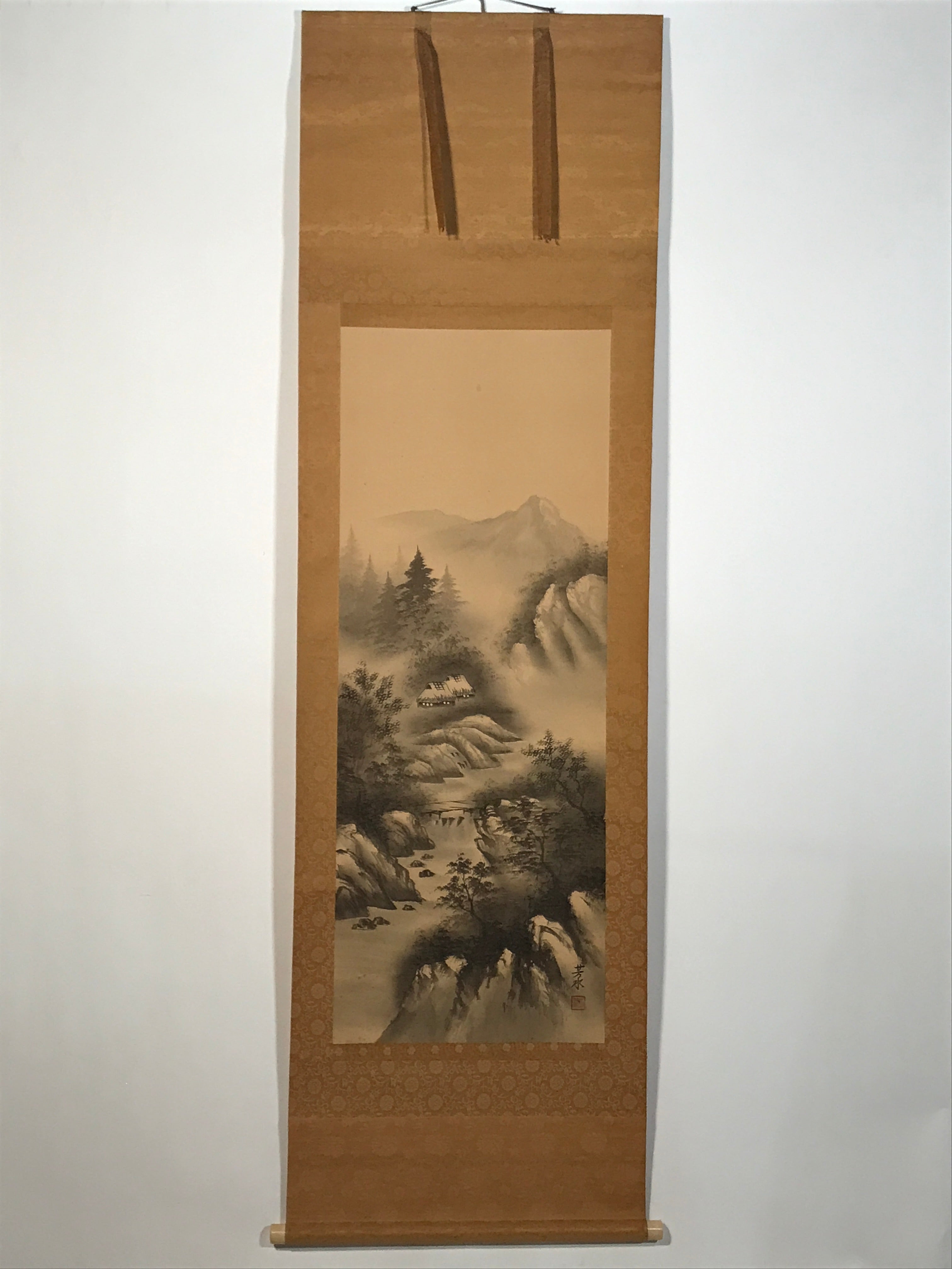 Japanese Hanging Scroll Kakejiku Vtg River Mountain Landscape Trees Sansui KJ233-AD - Scroll-chidorivintage.com