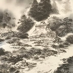 Japanese Hanging Scroll Kakejiku Vtg Mountain Trees House Landscape Sansui KJ239-AD - Scroll-chidorivintage.com