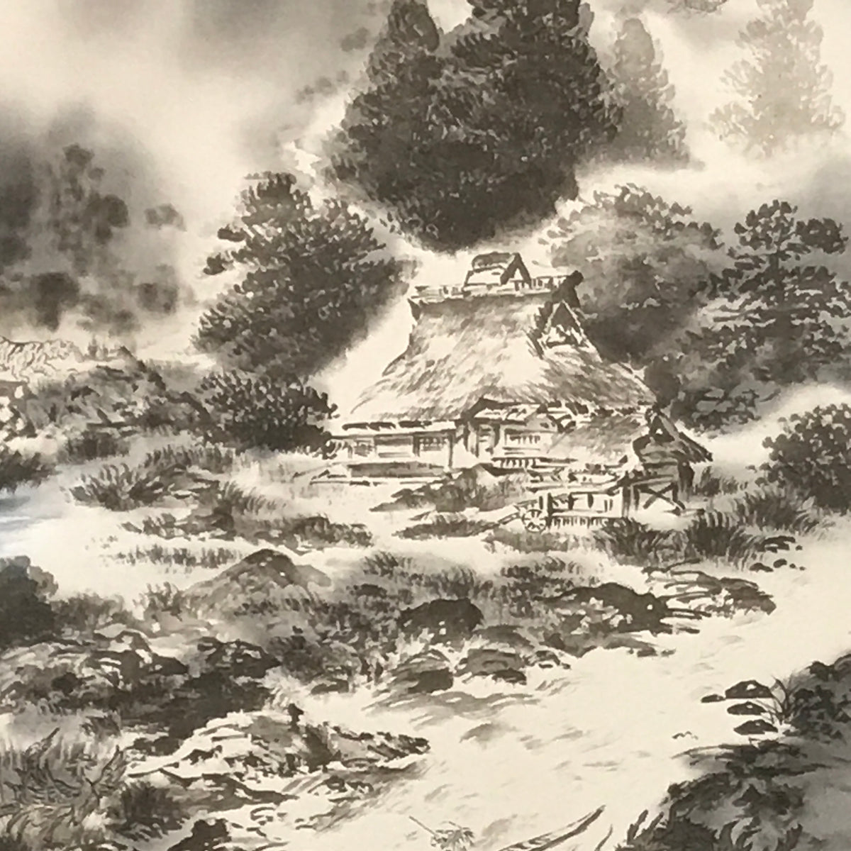 Japanese Hanging Scroll Kakejiku Vtg Mountain Trees House Landscape Sansui KJ239-AD - Scroll-chidorivintage.com