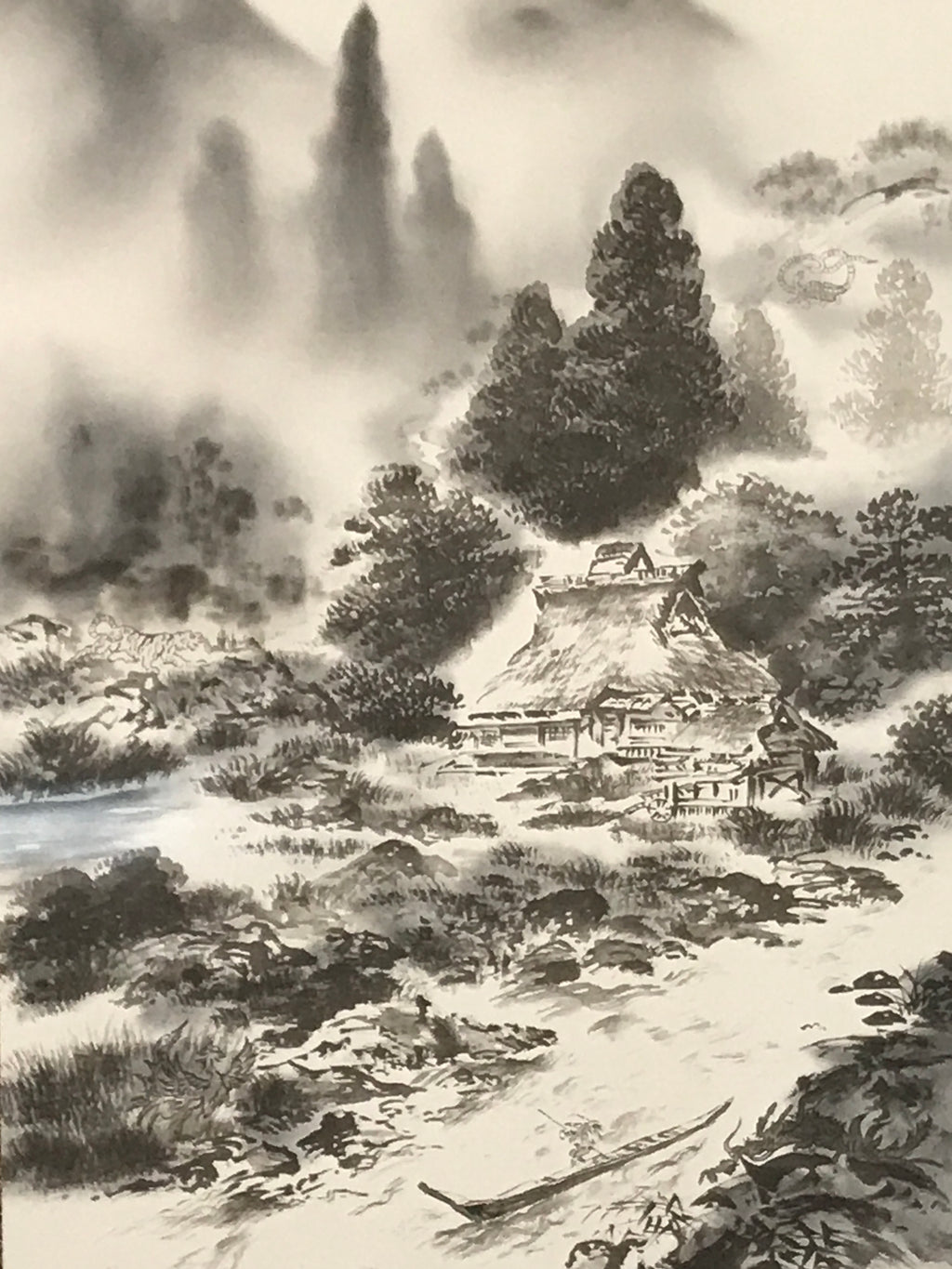 Japanese Hanging Scroll Kakejiku Vtg Mountain Trees House Landscape Sansui KJ239-AD - Scroll-chidorivintage.com