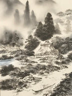 Japanese Hanging Scroll Kakejiku Vtg Mountain Trees House Landscape Sansui KJ239-AD - Scroll-chidorivintage.com