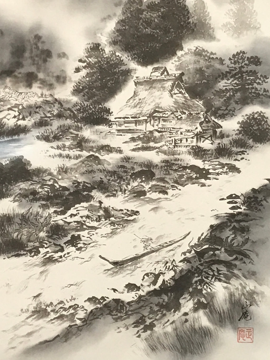 Japanese Hanging Scroll Kakejiku Vtg Mountain Trees House Landscape Sansui KJ239-AD - Scroll-chidorivintage.com