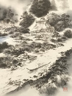 Japanese Hanging Scroll Kakejiku Vtg Mountain Trees House Landscape Sansui KJ239-AD - Scroll-chidorivintage.com